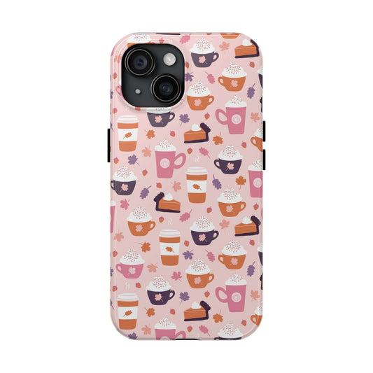 Cute PSL Vibes iPhone 15 case with fall drink and dessert pattern; durable, stylish phone protection for pumpkin spice lovers.