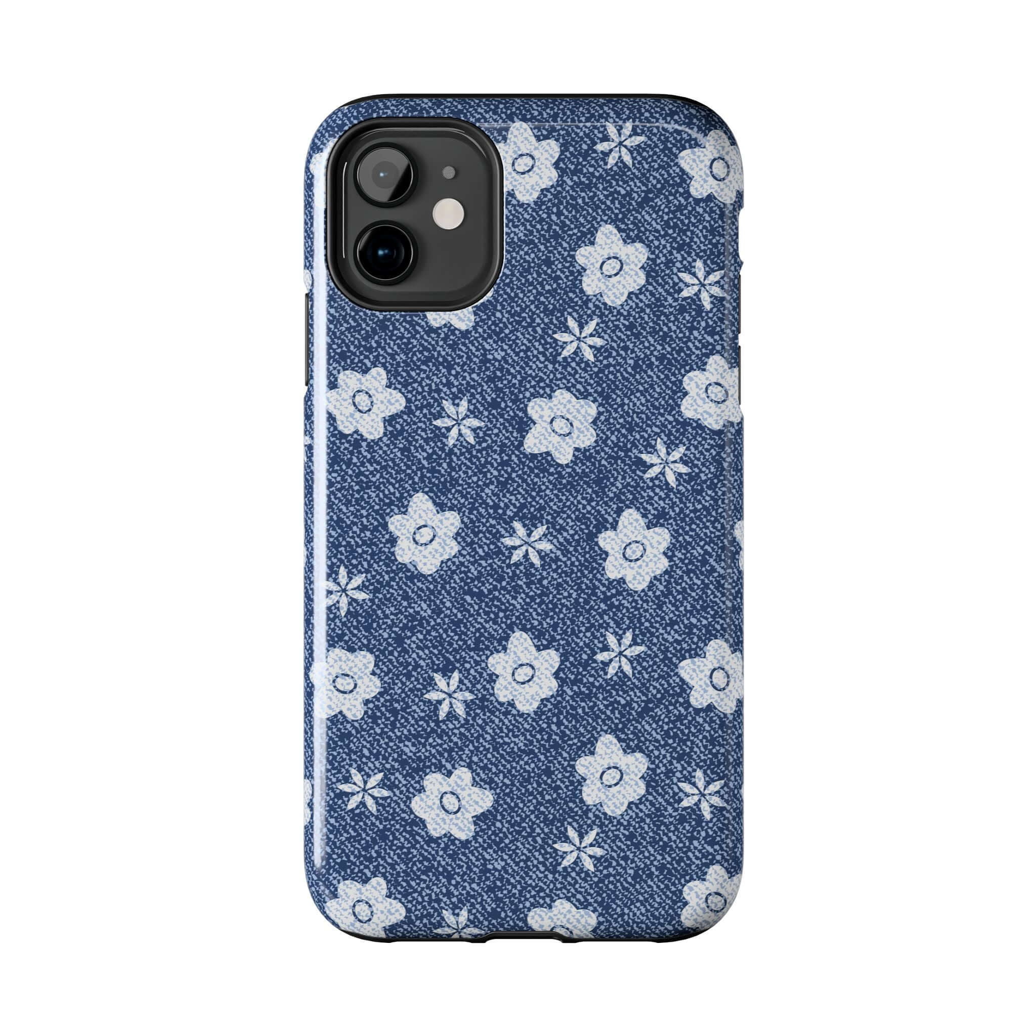 Denim iPhone 14 Pro Max case with white daisies pattern, cute phone case for iPhone, protective and stylish.