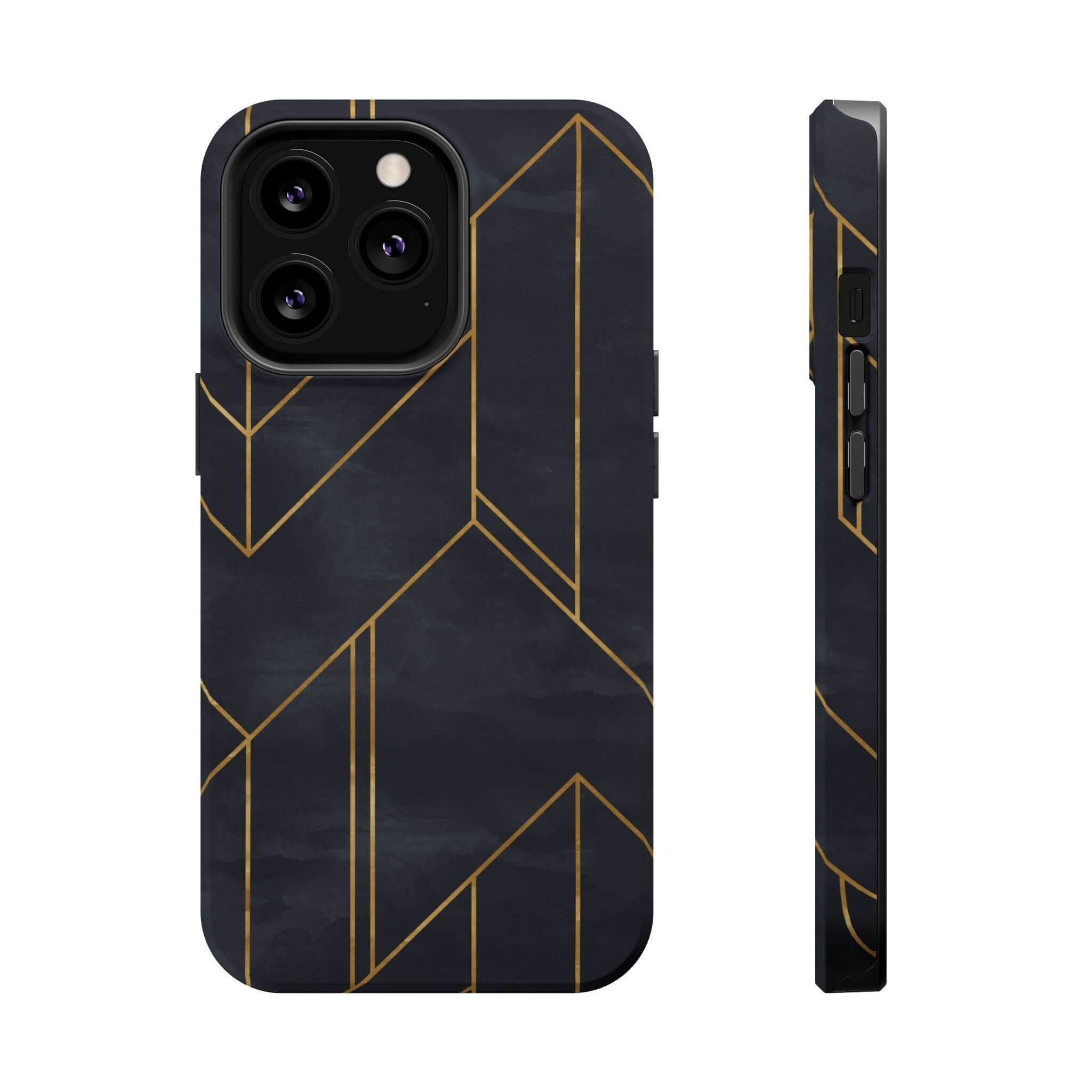 Urban Vibe modern geometric iPhone case, sleek black with gold abstract lines, colorful and cute phone protection accessory.