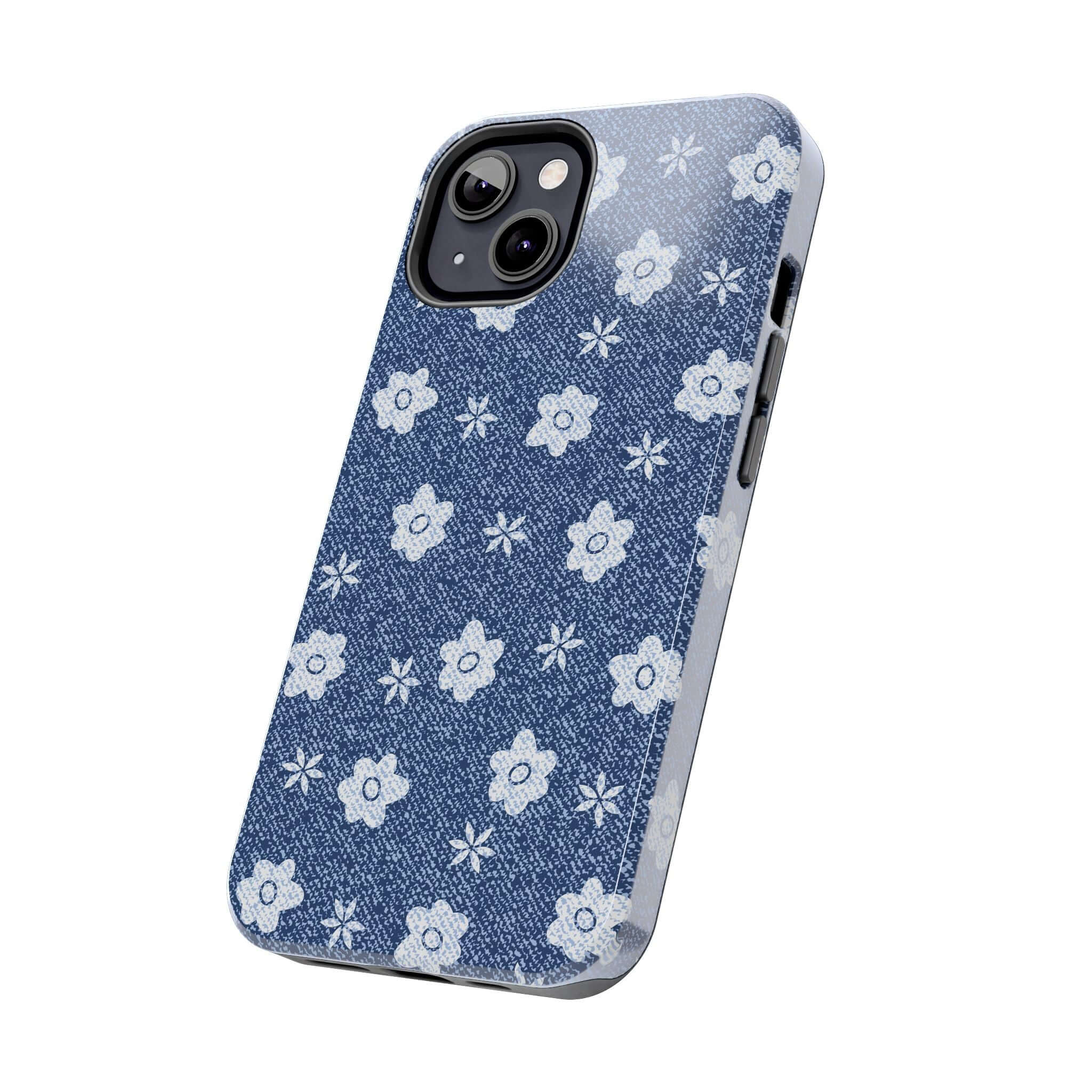 Daisies Denim Case for iPhone 14 Pro Max - Cute Floral Phone Case in Blue Denim Pattern