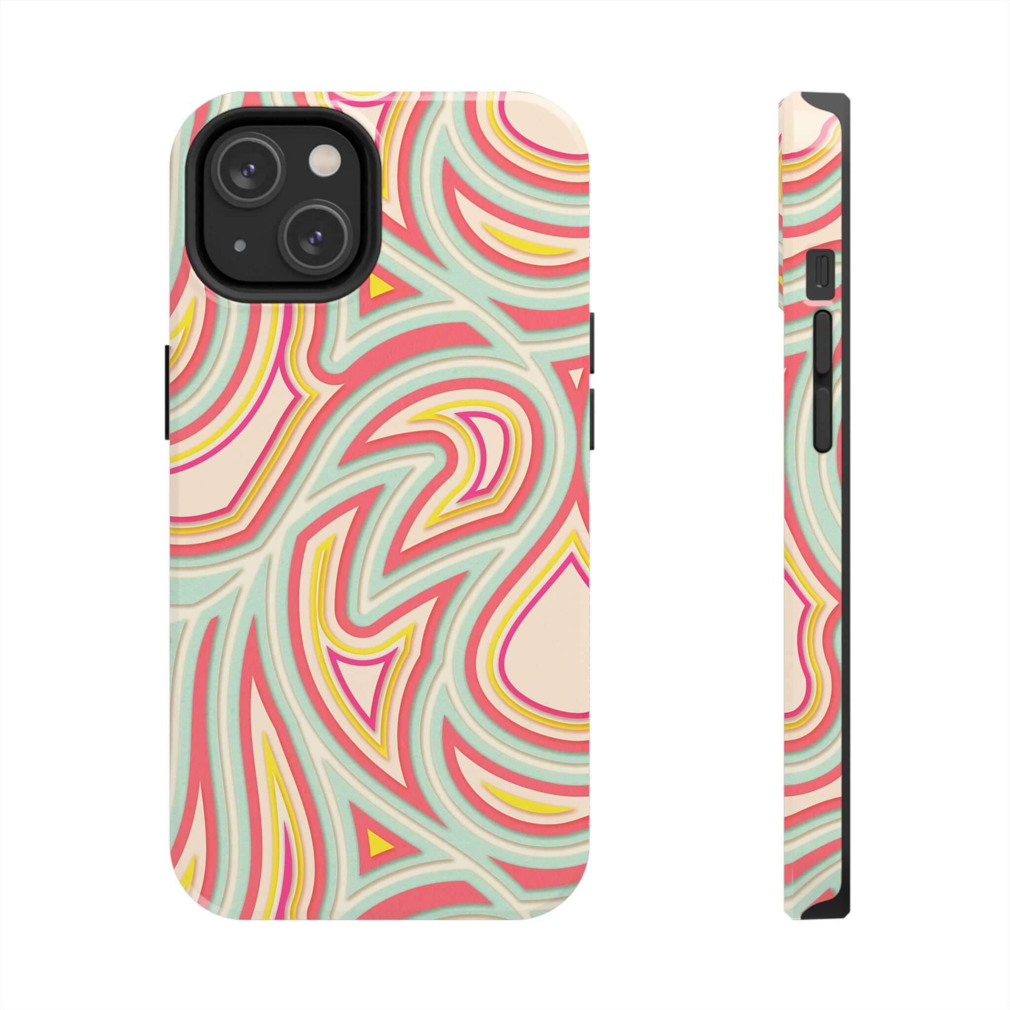 Groovy Waves Retro Abstract iPhone Case with colorful swirled pattern, cute phone cover for iPhone and Samsung, floral design.