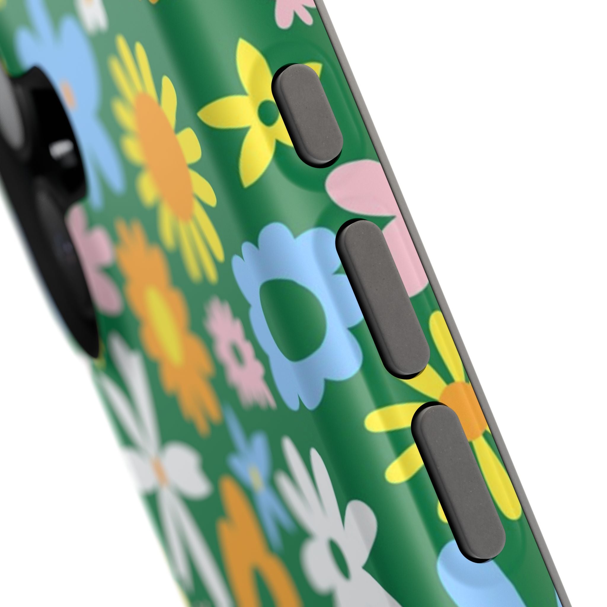 Vibrant floral hippie MagSafe iPhone case with colorful flowers on a green background, showcasing cute phone cover design.