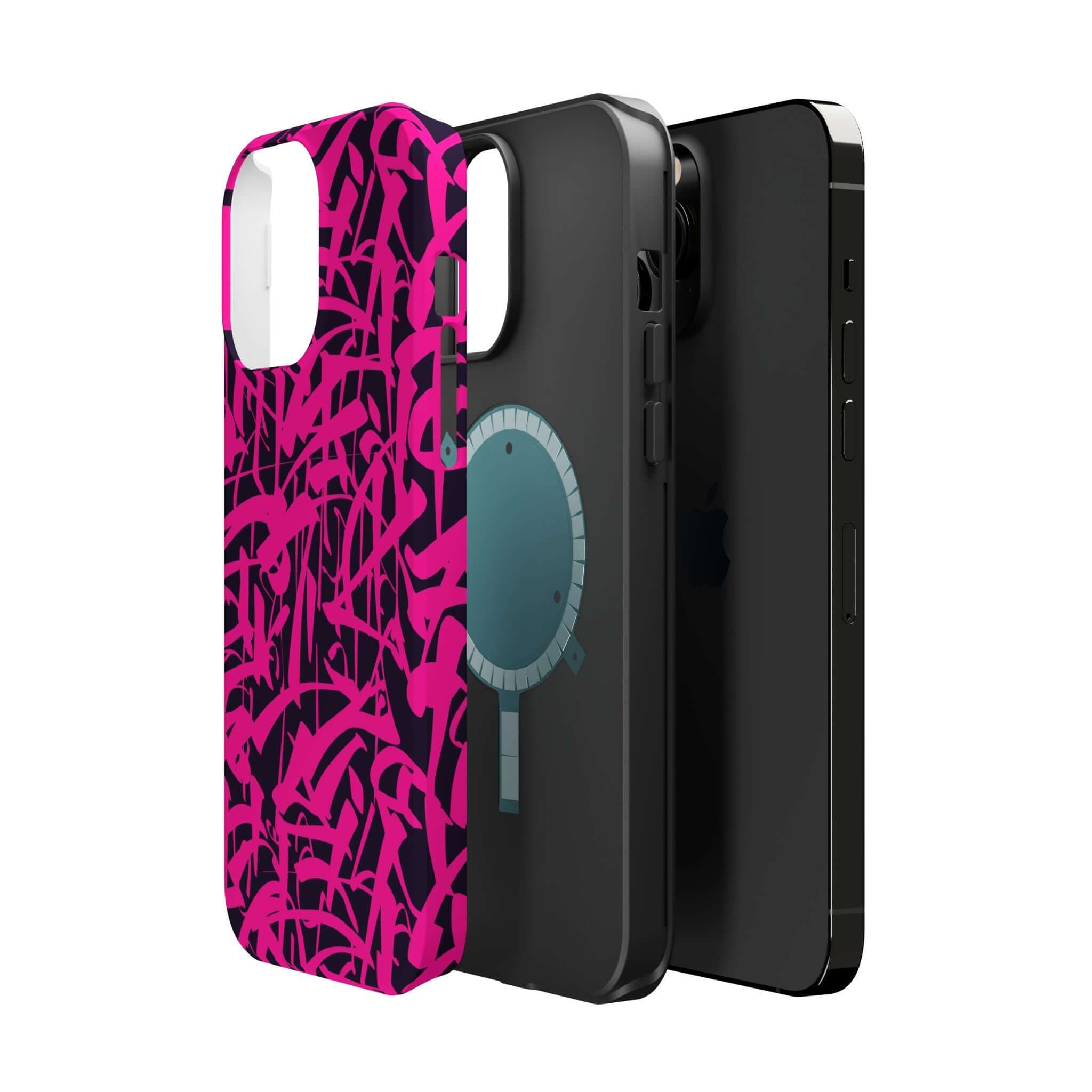 Colorful Midnight Pop Pink Art Case alongside sleek black phone cases, showcasing unique design for iPhone protection.