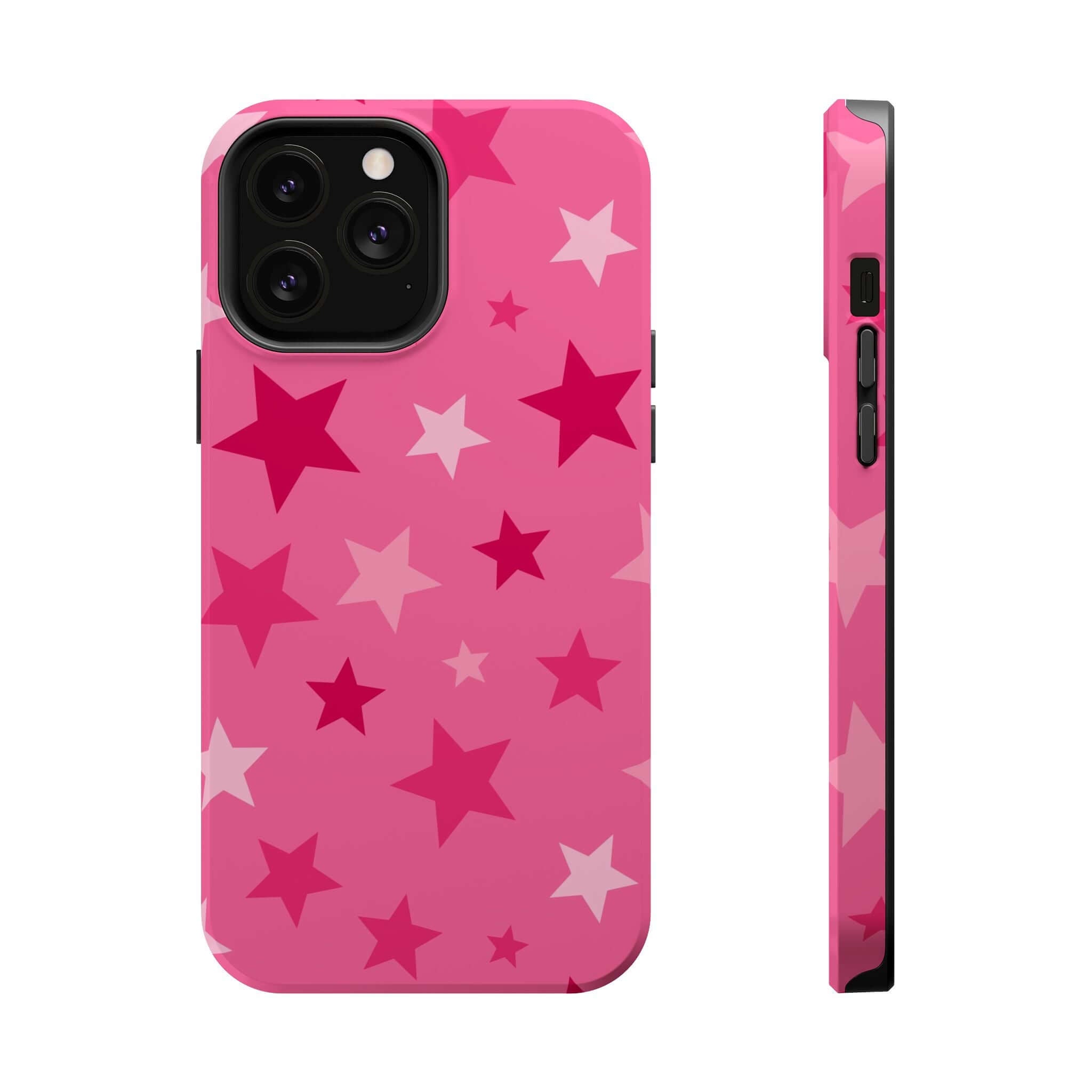 Cute pink iPhone case with colorful stars, perfect accessory for trendsetters and fans of stylish phone covers.