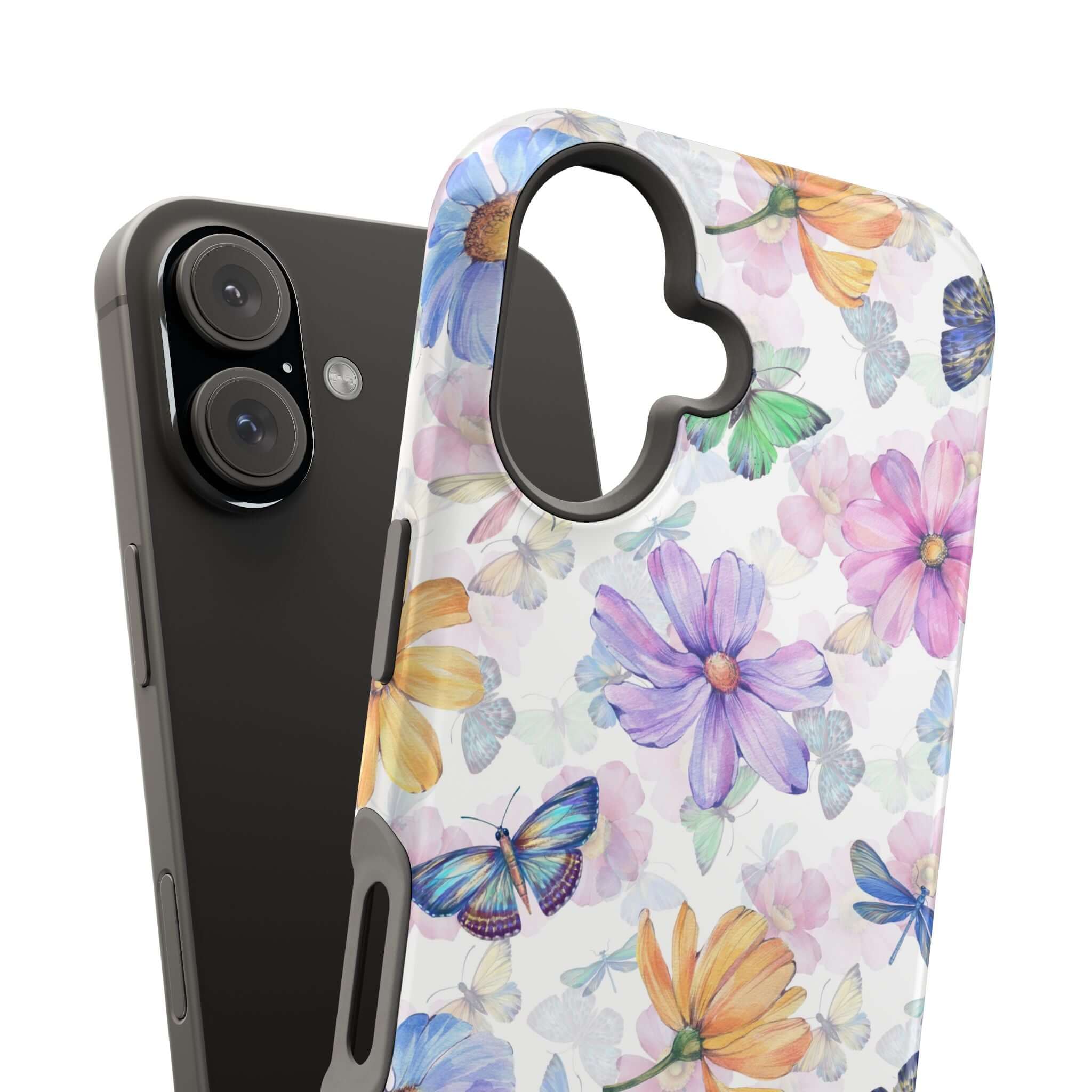 MagSafe compatible iPhone case with watercolor butterfly design, cute protective phone case for iPhone 16, Fluttering Blooms theme.