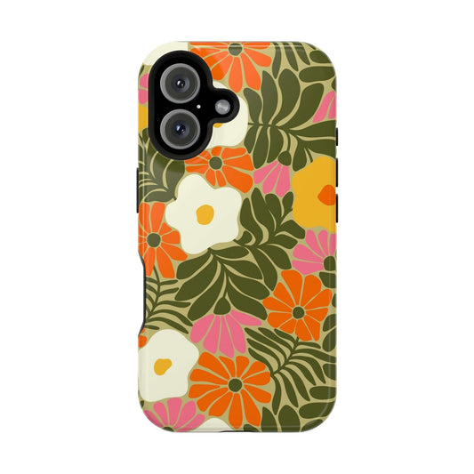 Retro tropical floral phone case for iPhone, showcasing vibrant colors and playful design, perfect cute phone cover.