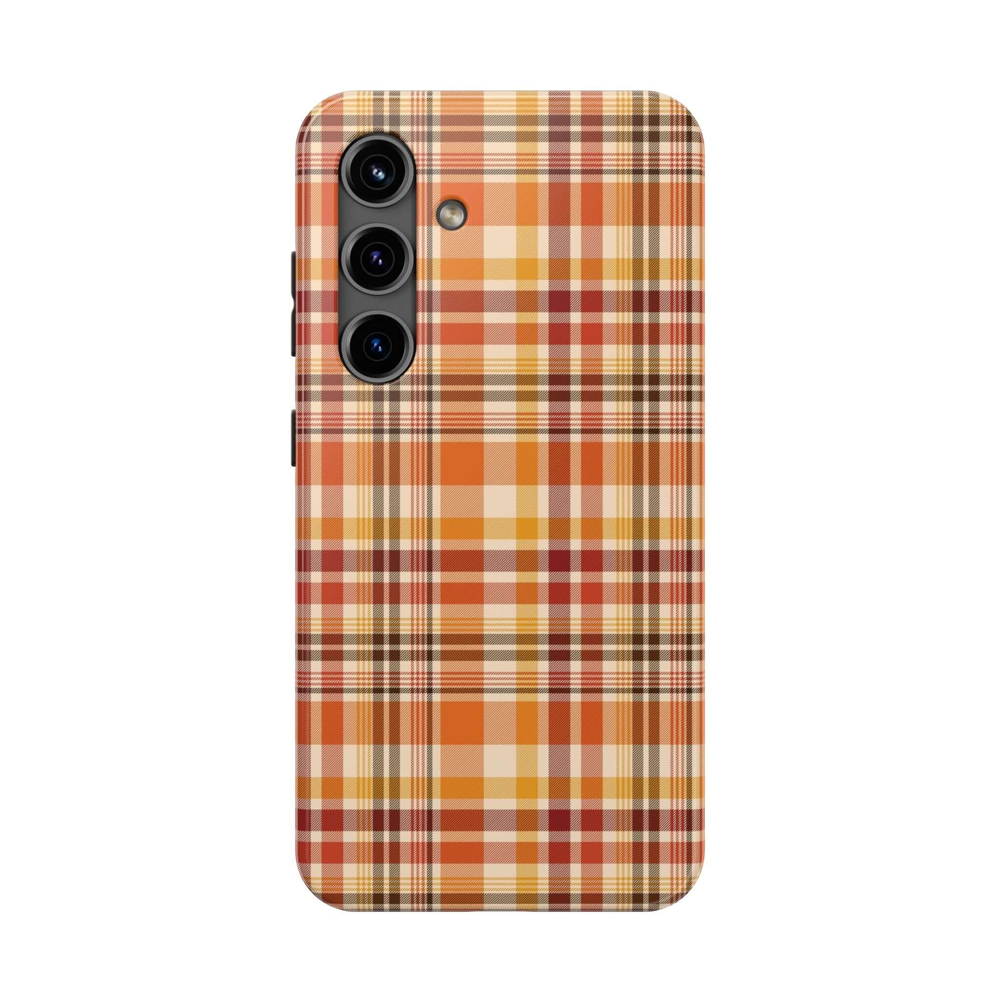 Autumn Air Fall Plaid Halloween phone case for iPhone with cute plaid design in orange and yellow perfect for fall season protection