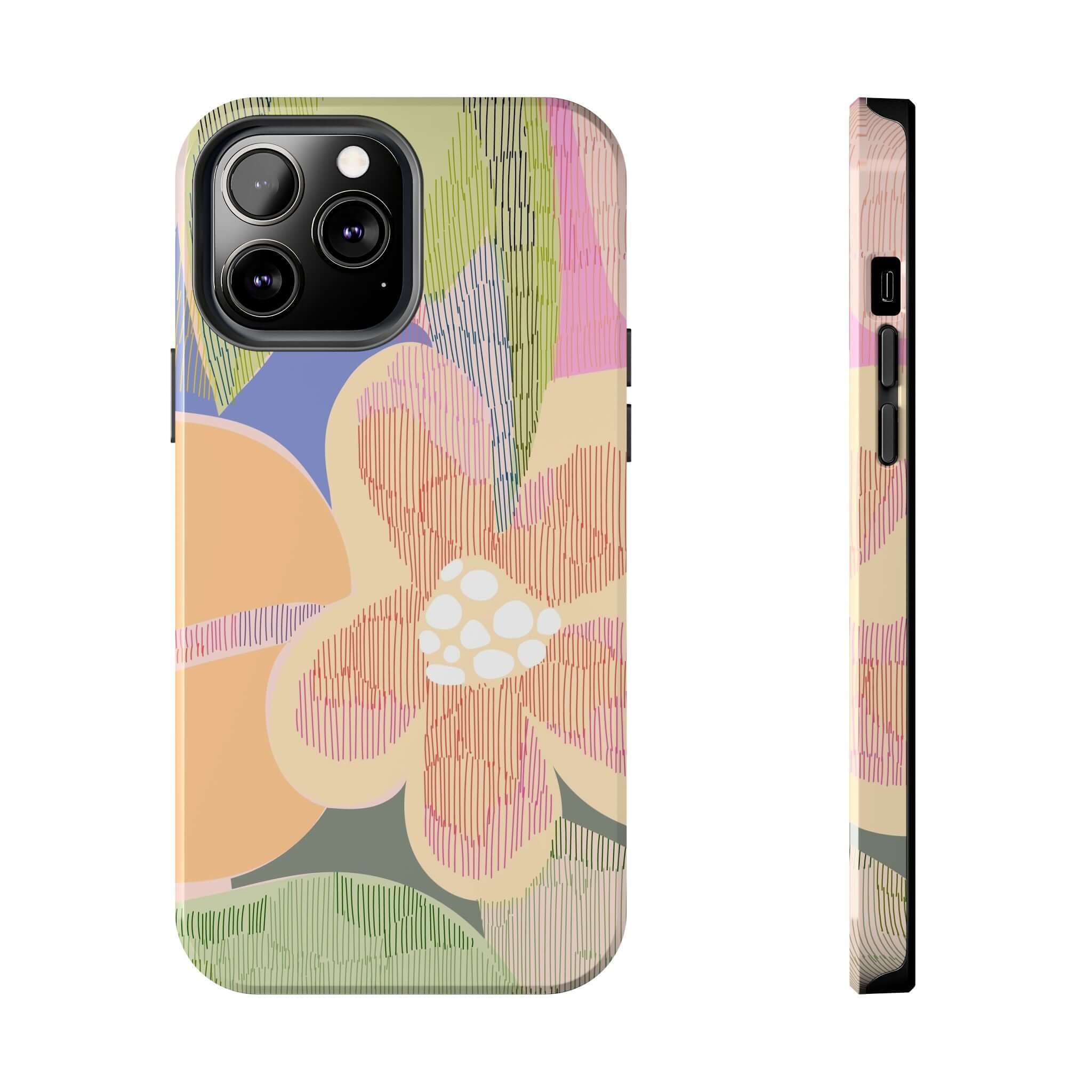 Abstract floral iPhone 14 Pro Max case with colorful palm tree design and vibrant aesthetic