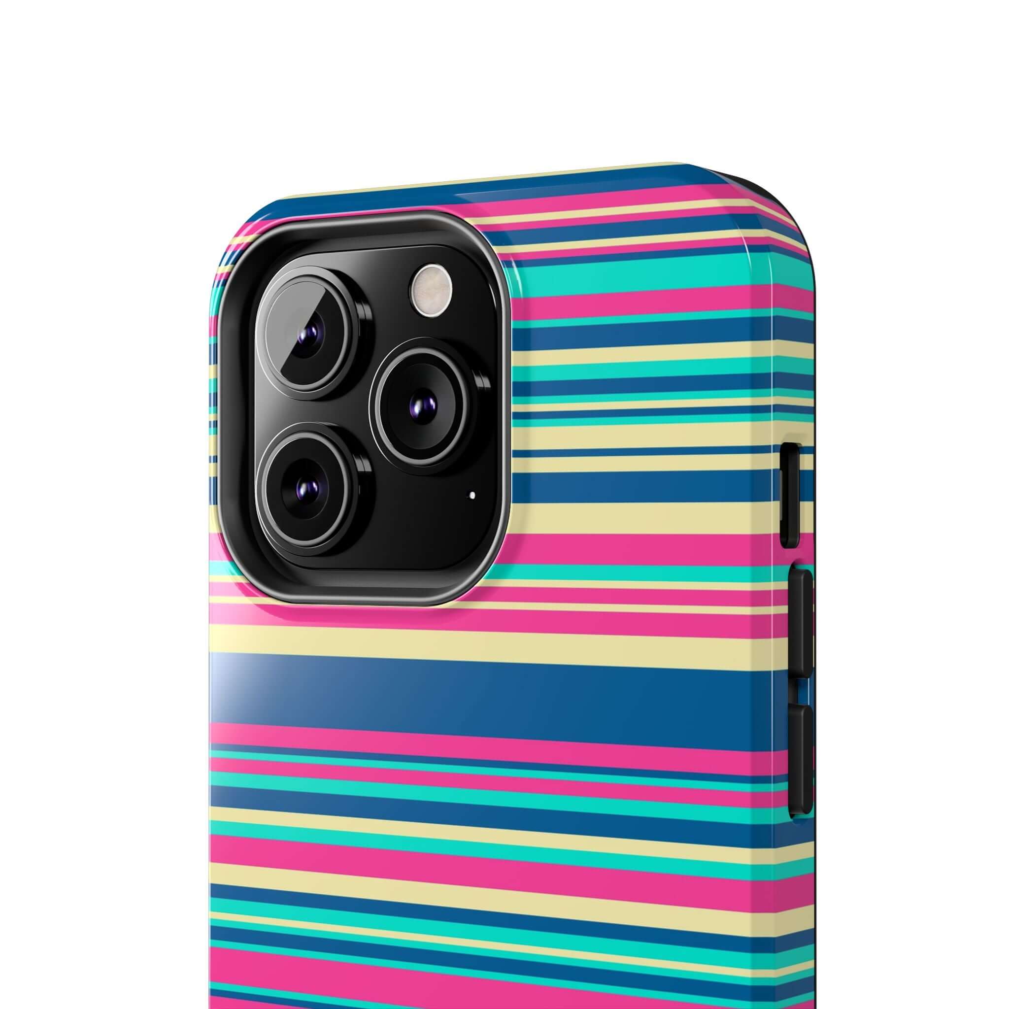 Colorful striped case for iPhone 14 and iPhone 15 with blue, green, pink, and yellow stripes - Cute and protective phone case with free shipping.