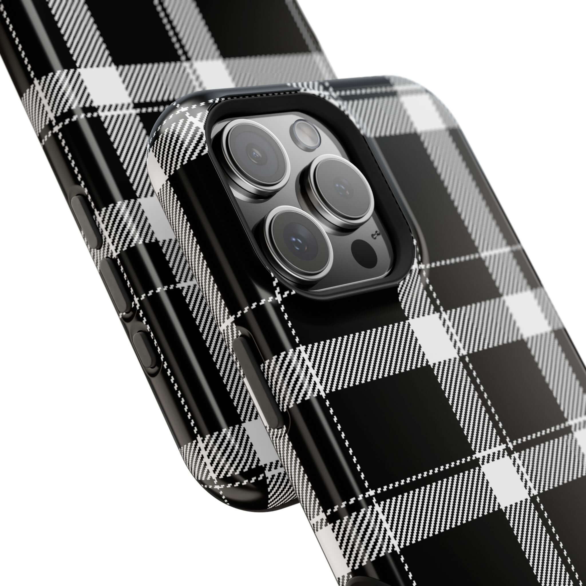 Stylish black plaid phone case for iPhone, offering a cute and fashionable way to protect your device. Perfect for trendsetters!