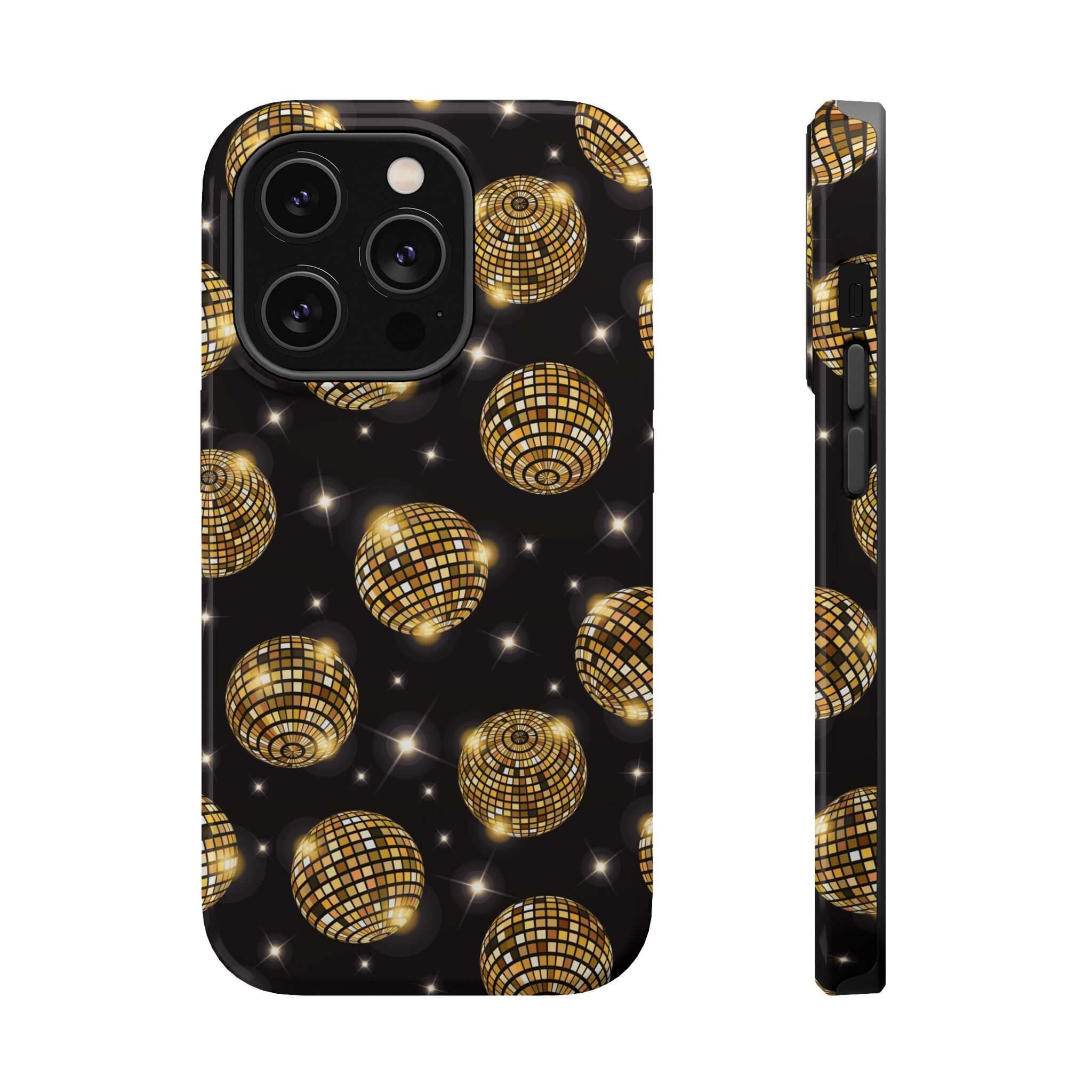 Cute iPhone 14 case with a gold disco ball design, free shipping on this eye-catching phone cover.