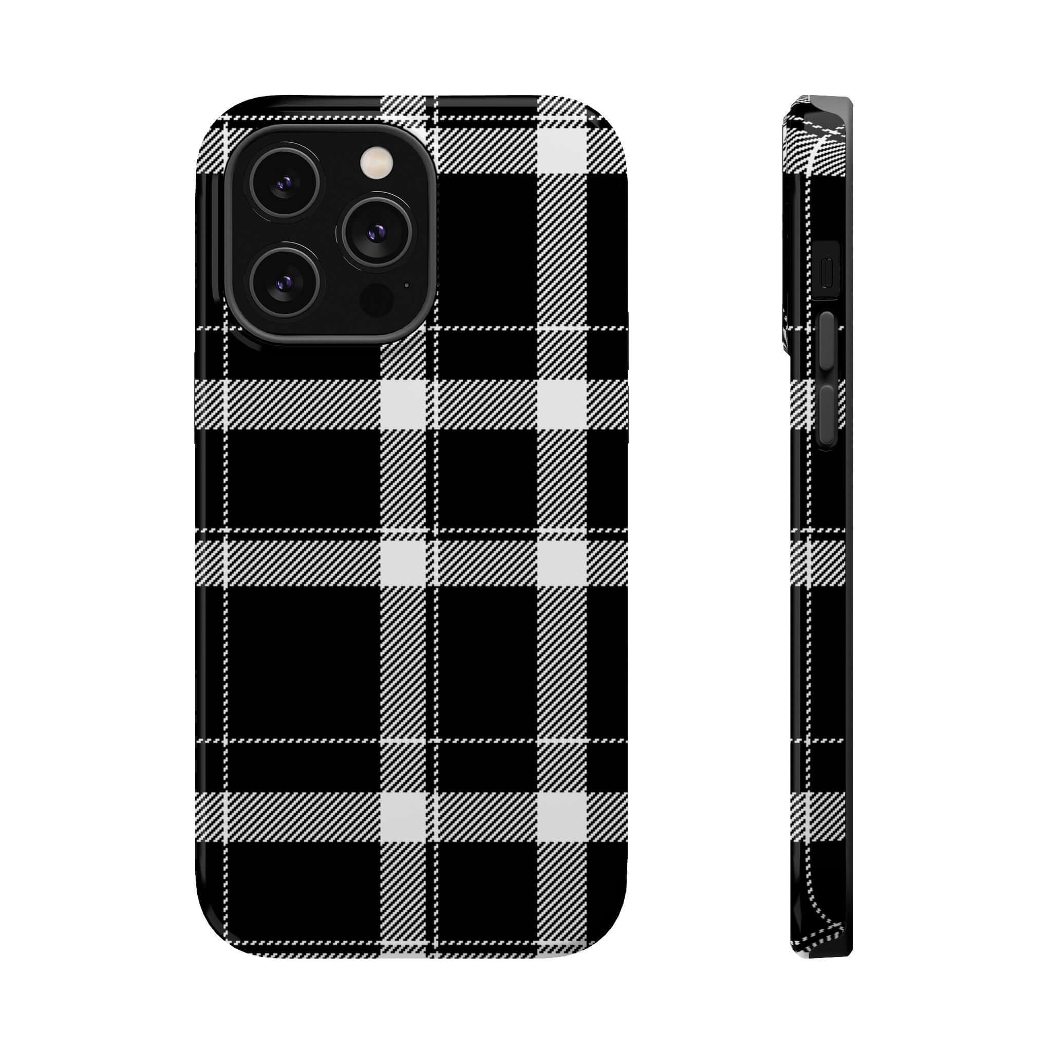 Cute black plaid phone case for Apple iPhone, stylish design perfect for fashion-forward individuals.