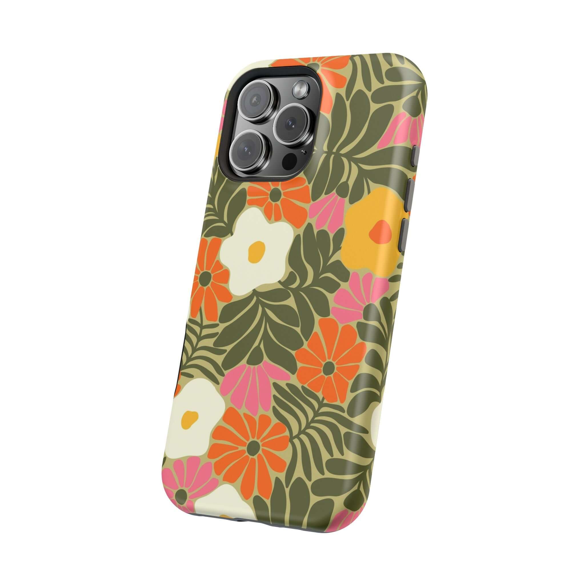 Retro floral iPhone case in vibrant colors, perfect cute phone cover for tropical beach vibes. MagSafe compatible.