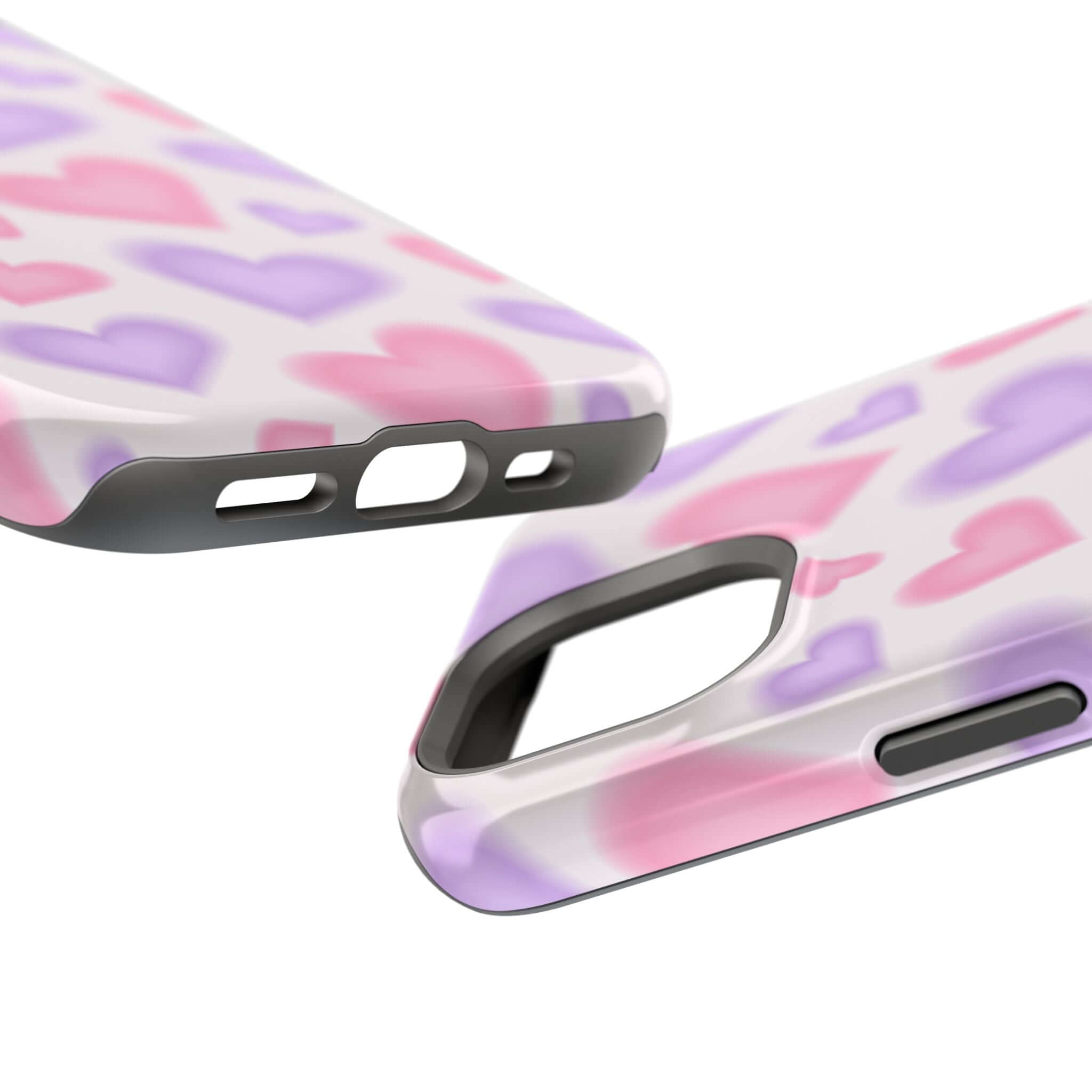 Cute phone cover with blurred pink and purple hearts, showcasing MagSafe compatibility for Apple iPhone.