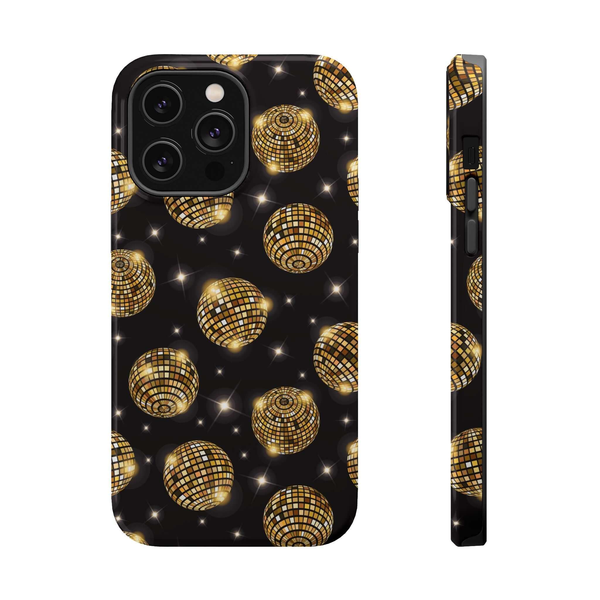 Cute iPhone 14 case with gold disco ball design, Dance the Night Away, free shipping, cute phone cover for iPhone 14