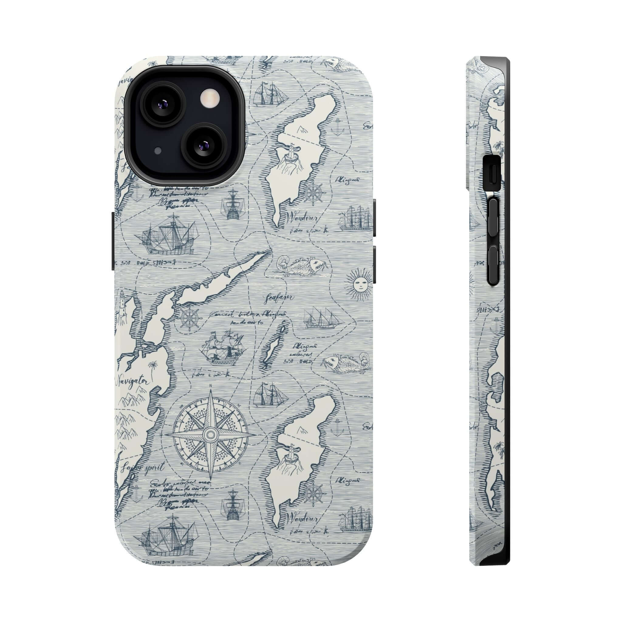 Teal Pirates Passageway MagSafe phone case for iPhone 14 Pro Max with nautical map design, front and side views.