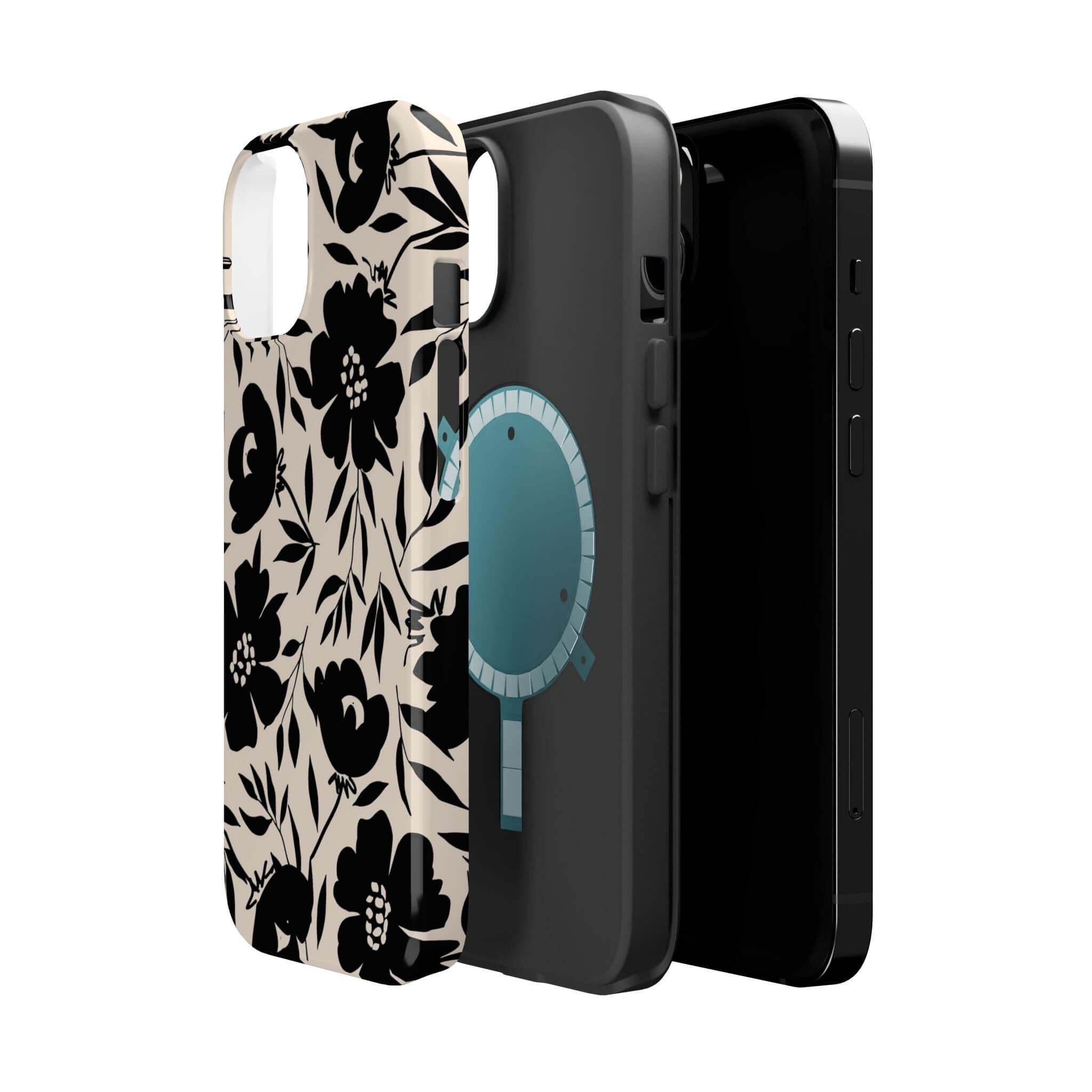 Black floral iPhone 16 case, Eclipse Garden design, cute phone case accessory.