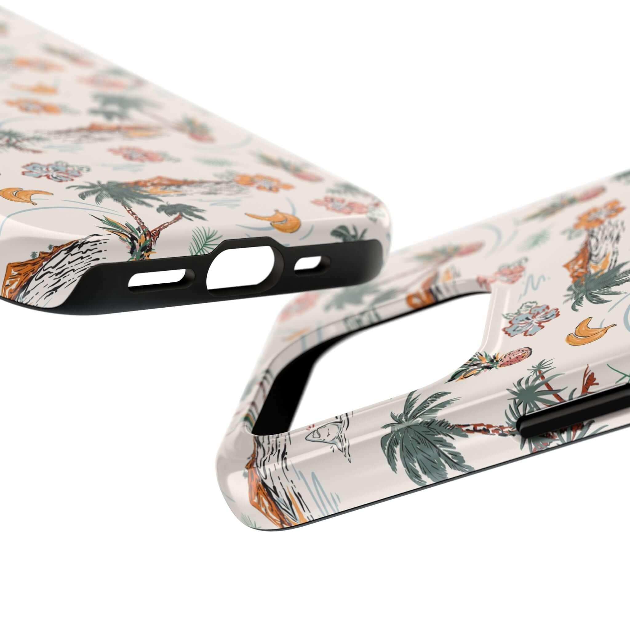 Cute iPhone 14 case with tropical palm tree design, free shipping, beach-themed phone cover, perfect for tropical vacation protection.