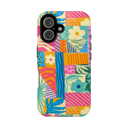 Colorful patchwork phone case for iPhone 16, perfect for beach lovers, adds fun style and protection. Cute phone case design.