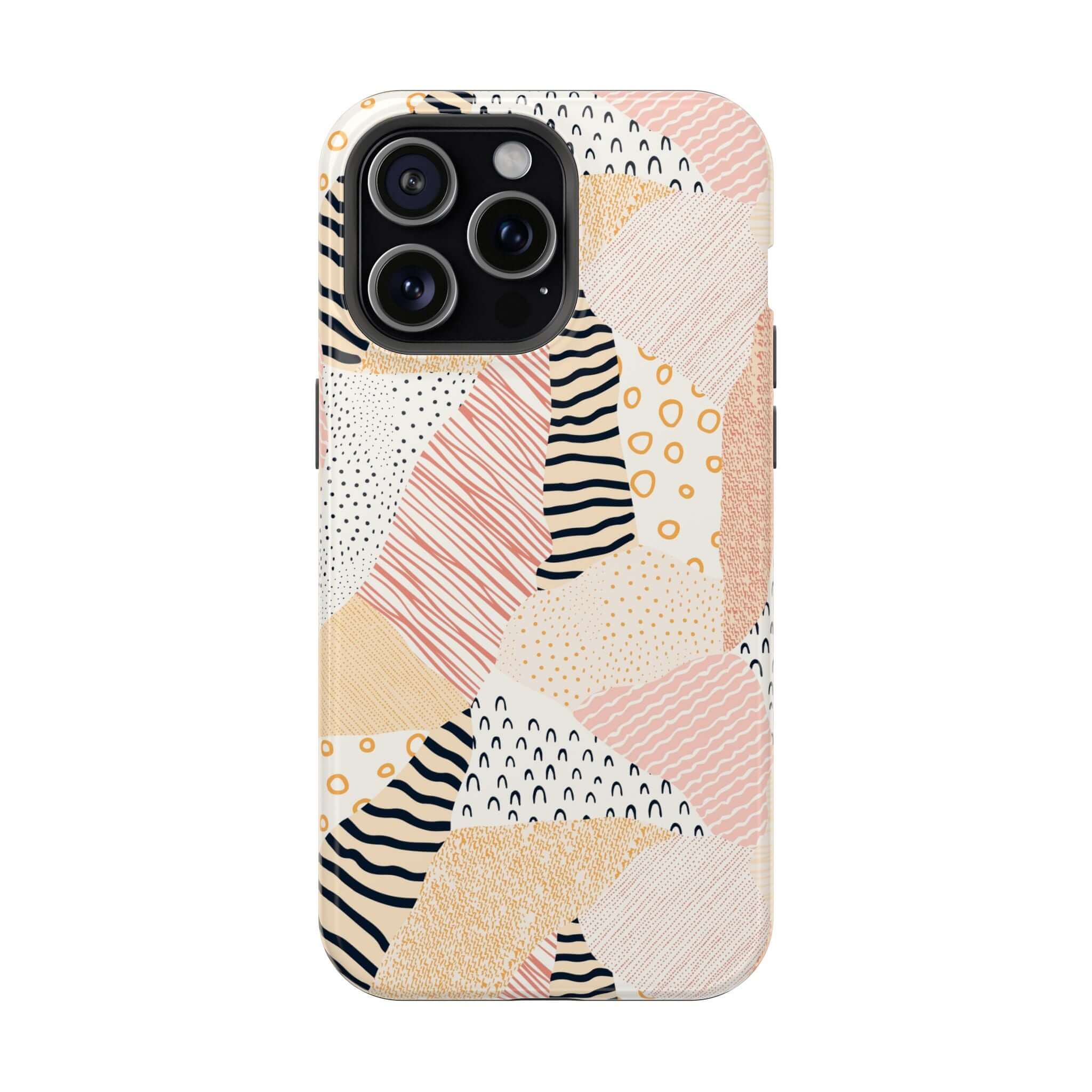 Colorful pastel patchwork phone case for iPhone 16, featuring vibrant peach and black patterns, cute and unique design.