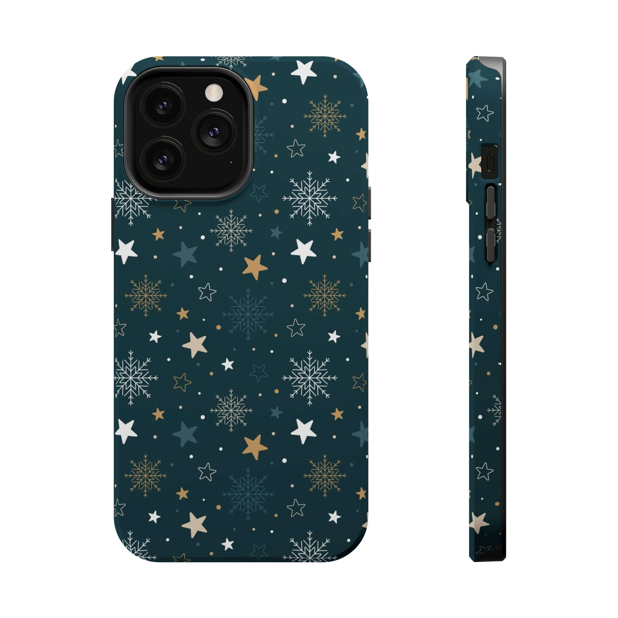 Festive Christmas MagSafe phone case with holiday snowflakes and stars design, perfect cute cover for the season.