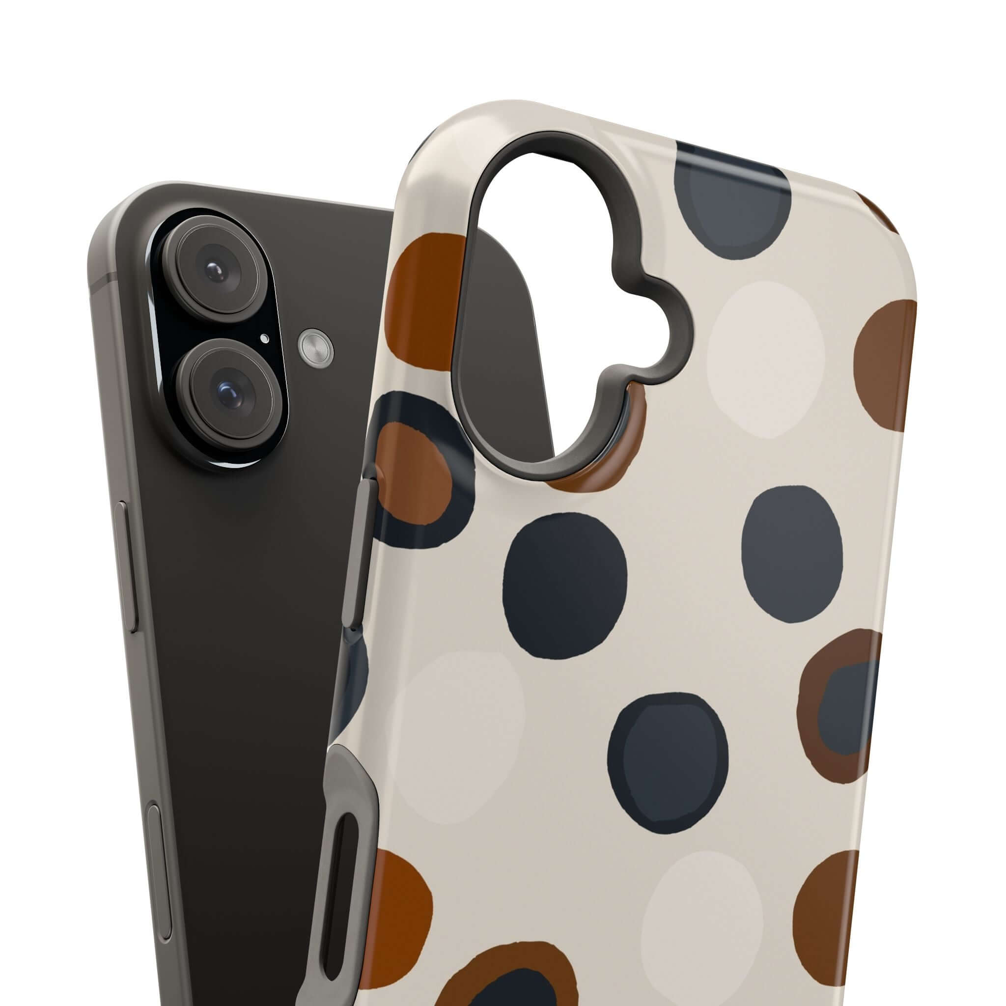 Chic Wanderer Modern Spots Case for iPhone with brown abstract dots. Colorful, cute MagSafe phone case for fashion-forward adventurers.