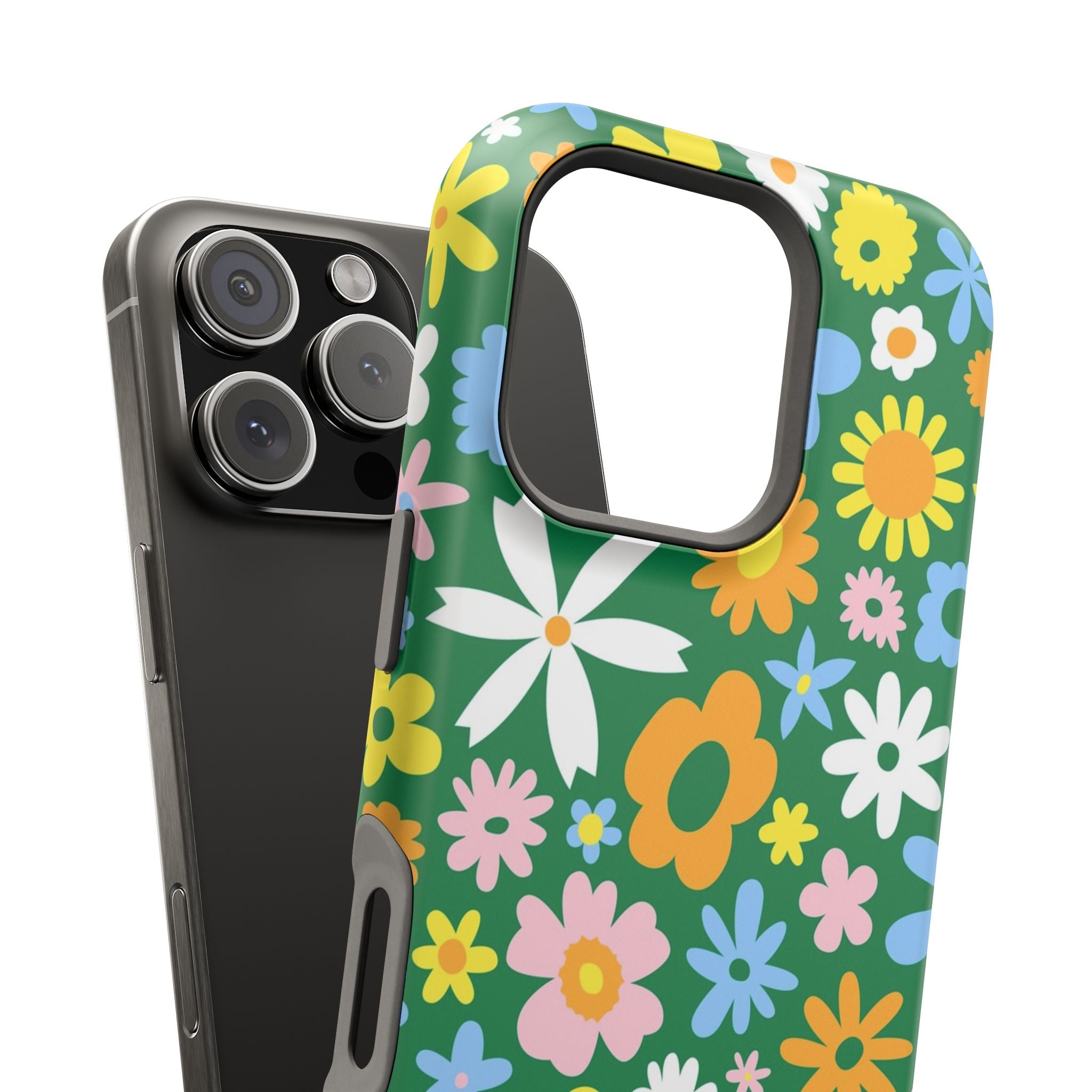 Vibrant Chasing Blooms MagSafe floral iPhone case with hippie design and colorful flowers, perfect cute phone cover for style and protection.