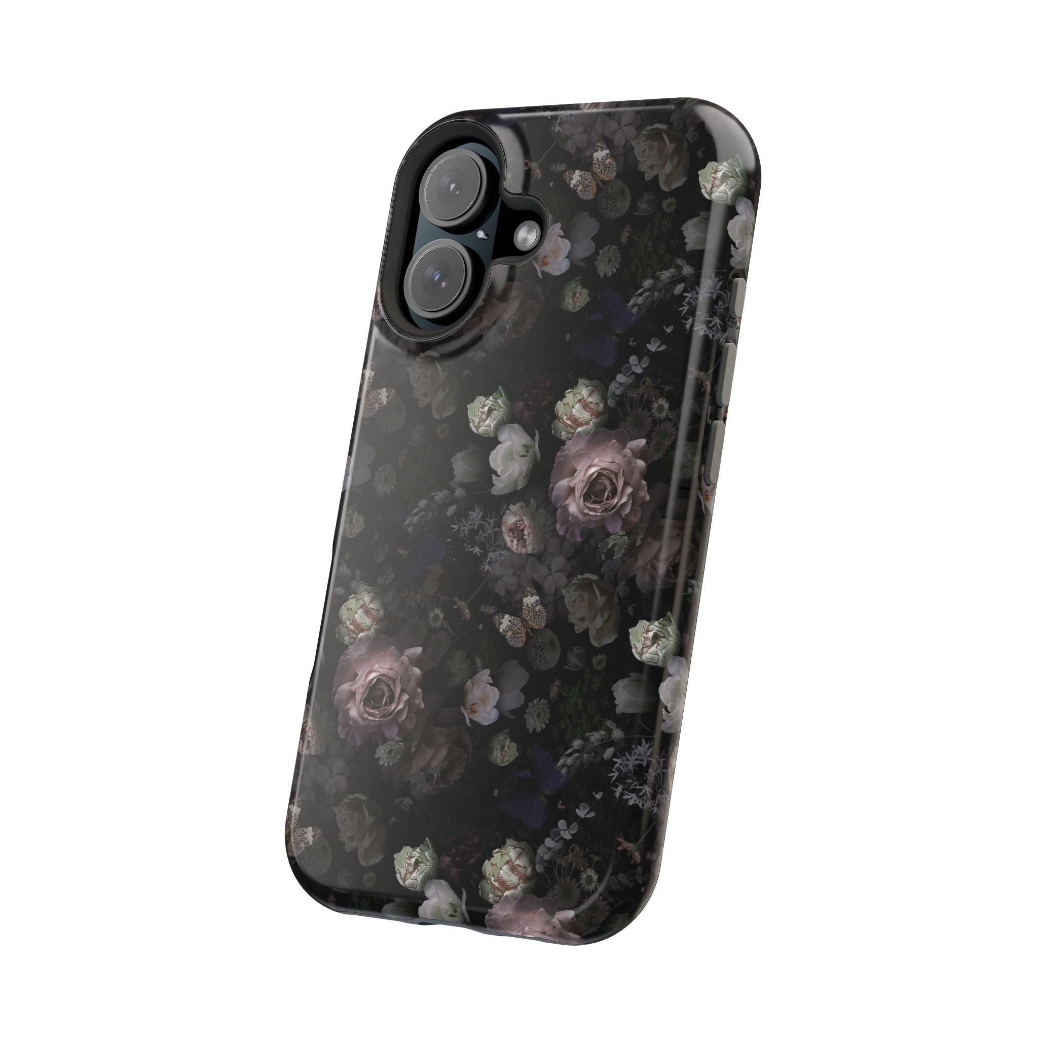 Midnight Curse black floral MagSafe iPhone case with black roses, a cute phone cover for stylish protection.