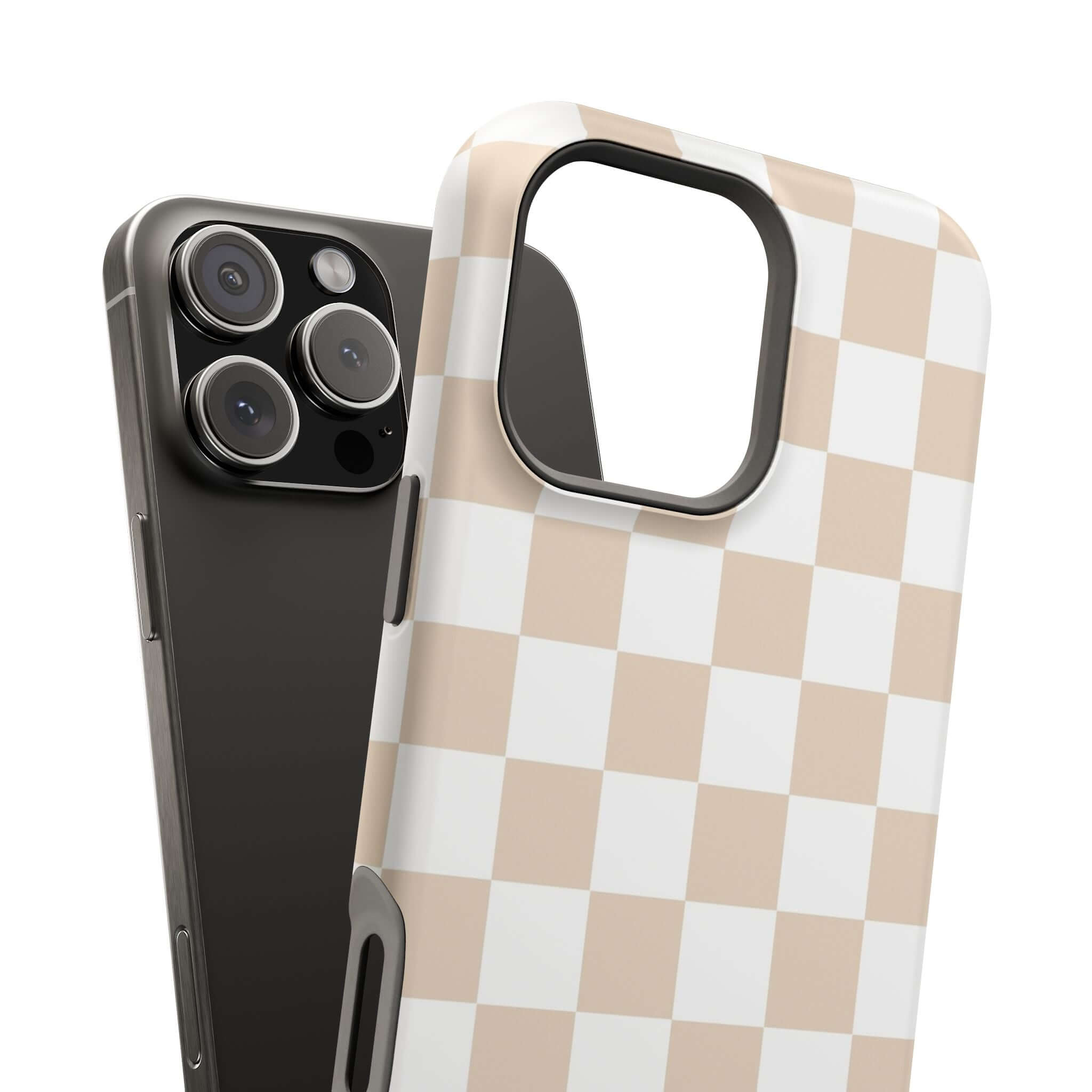 Cream Checkered Cute MagSafe iPhone 16 Case, Stylish Beige Protective Phone Case