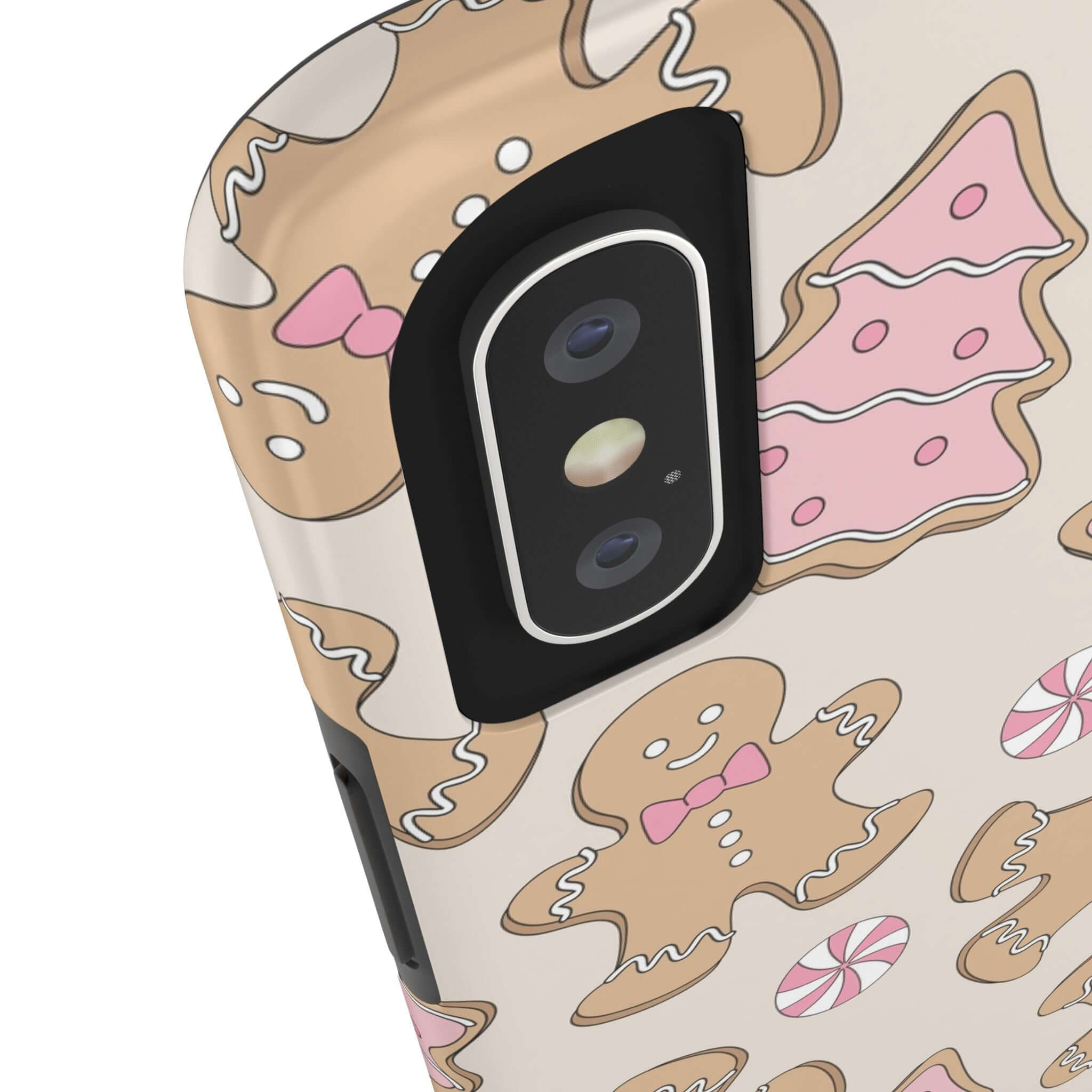 Cute Gingerbread Girlie Christmas phone case with gingerbread and candy pattern, perfect holiday gift for colorful iPhone protection.