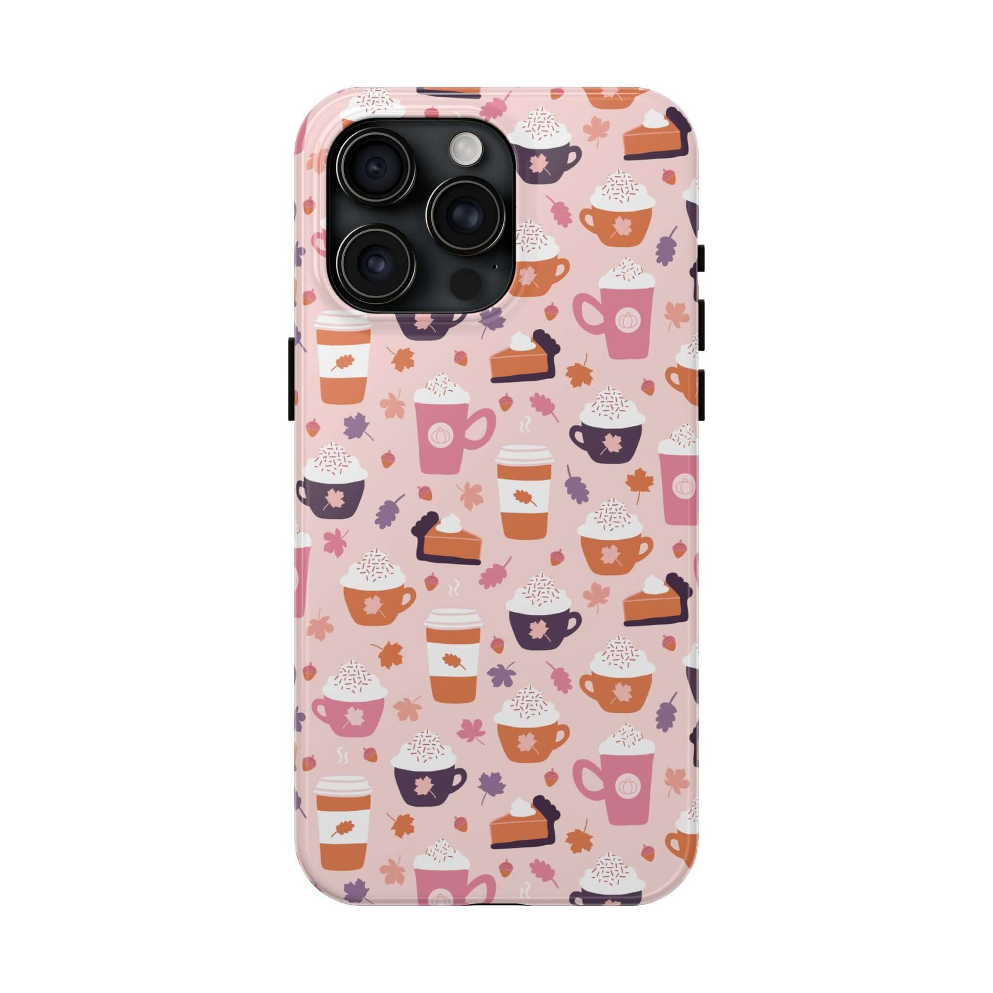 Cute PSL iPhone 15 case with fall drink pattern, adding a touch of autumn vibes to your phone. Durable and stylish phone case for pumpkin spice lovers.