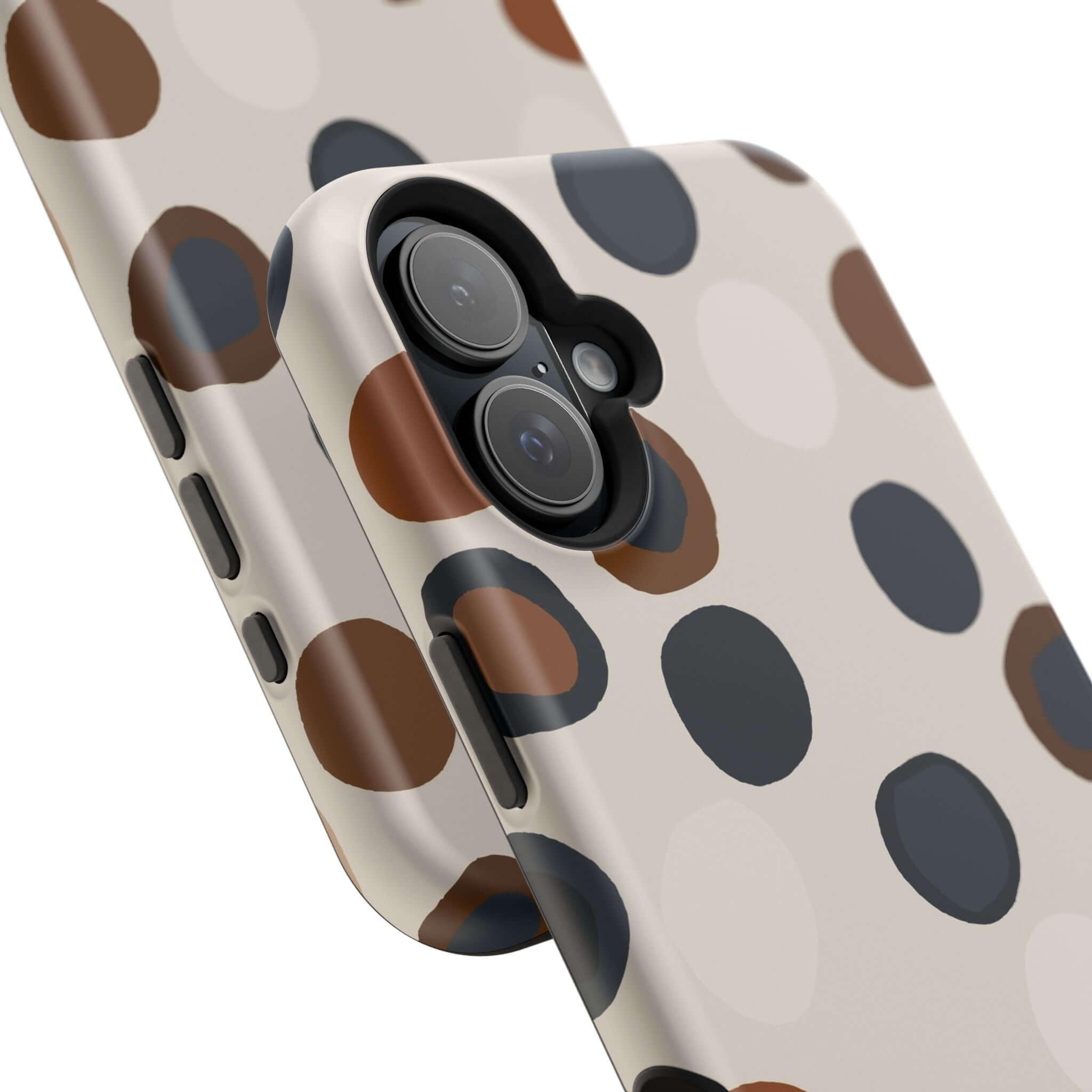 Chic Wanderer Modern Spots Case, a colorful MagSafe iPhone cover with abstract and cute brown spots design.