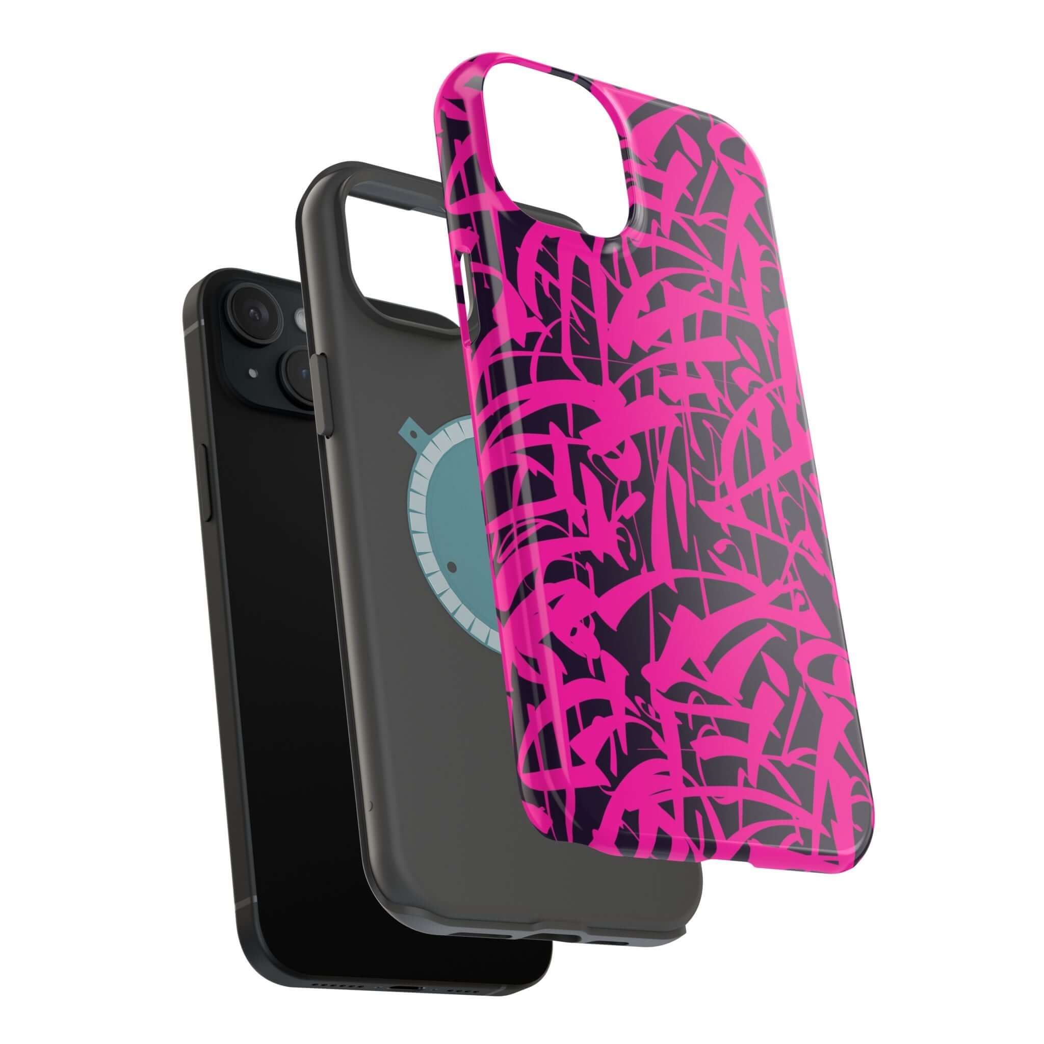 Colorful Midnight Pop Pink Art Case and sleek black iPhone cases showcasing stylish phone protection.