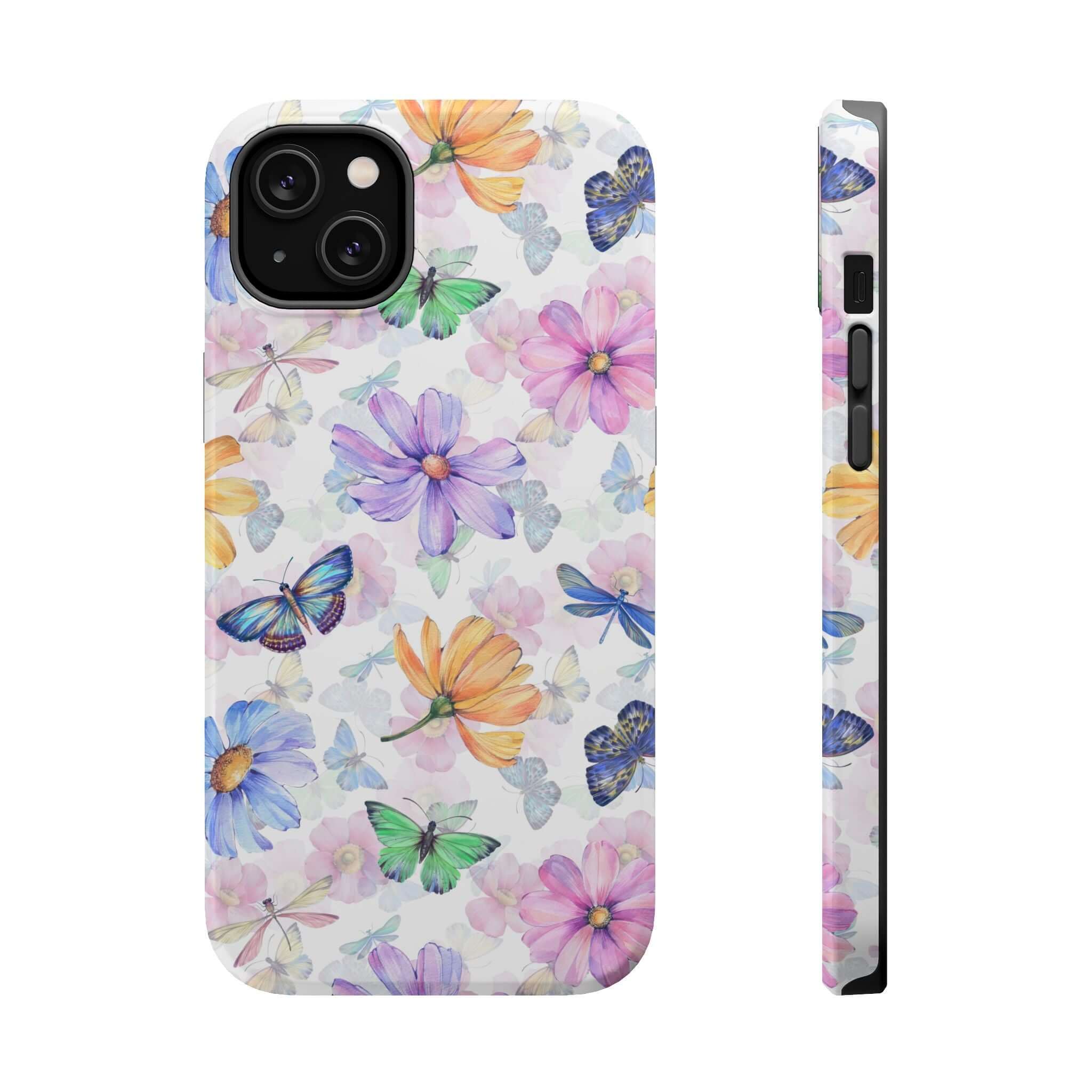 Fluttering Blooms Watercolor Butterfly Case for iPhone 16, Cute MagSafe Protective Phone Case with Colorful Flowers and Butterflies