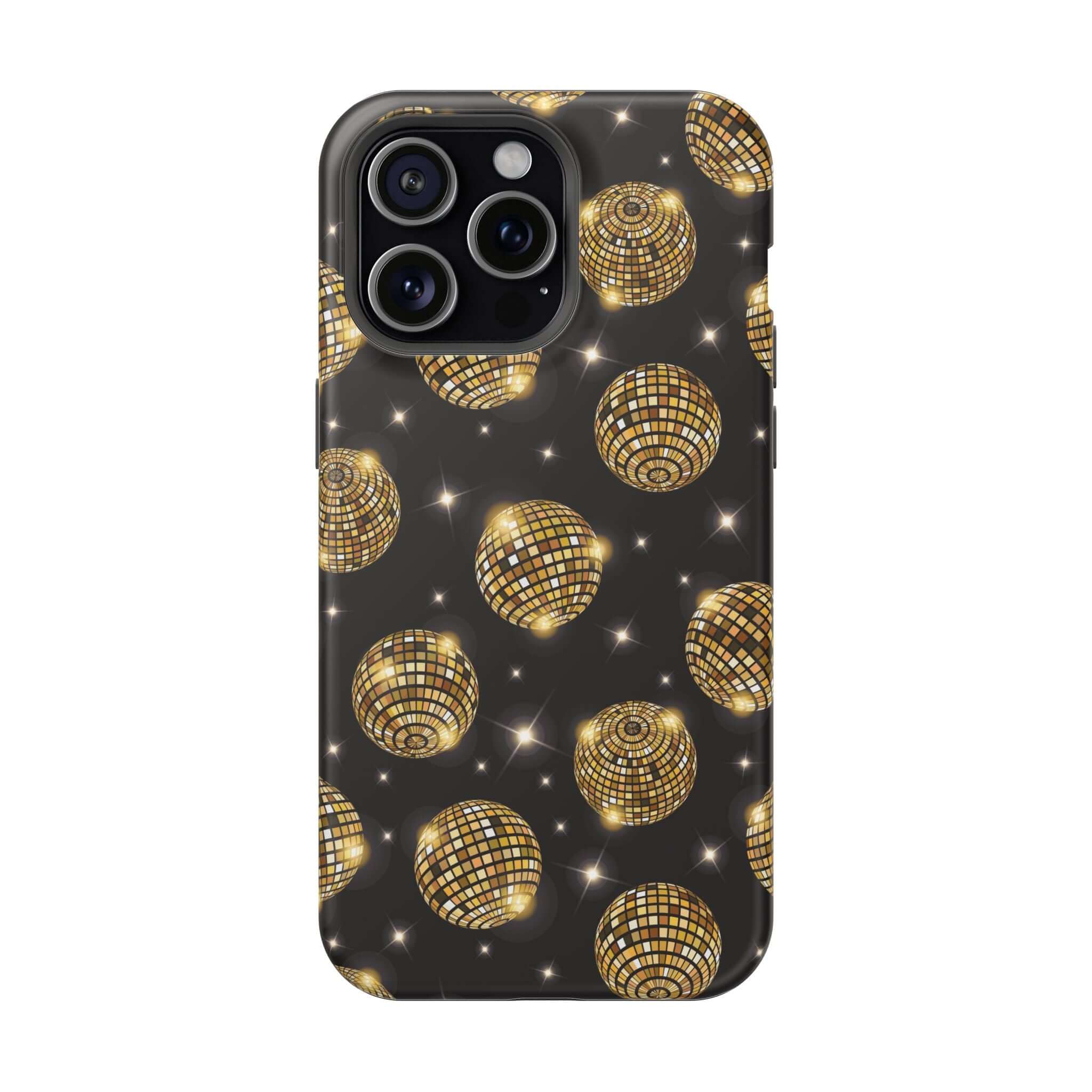 Gold disco ball design iPhone 14 case, cute phone cover with free shipping, Dance the Night Away collection