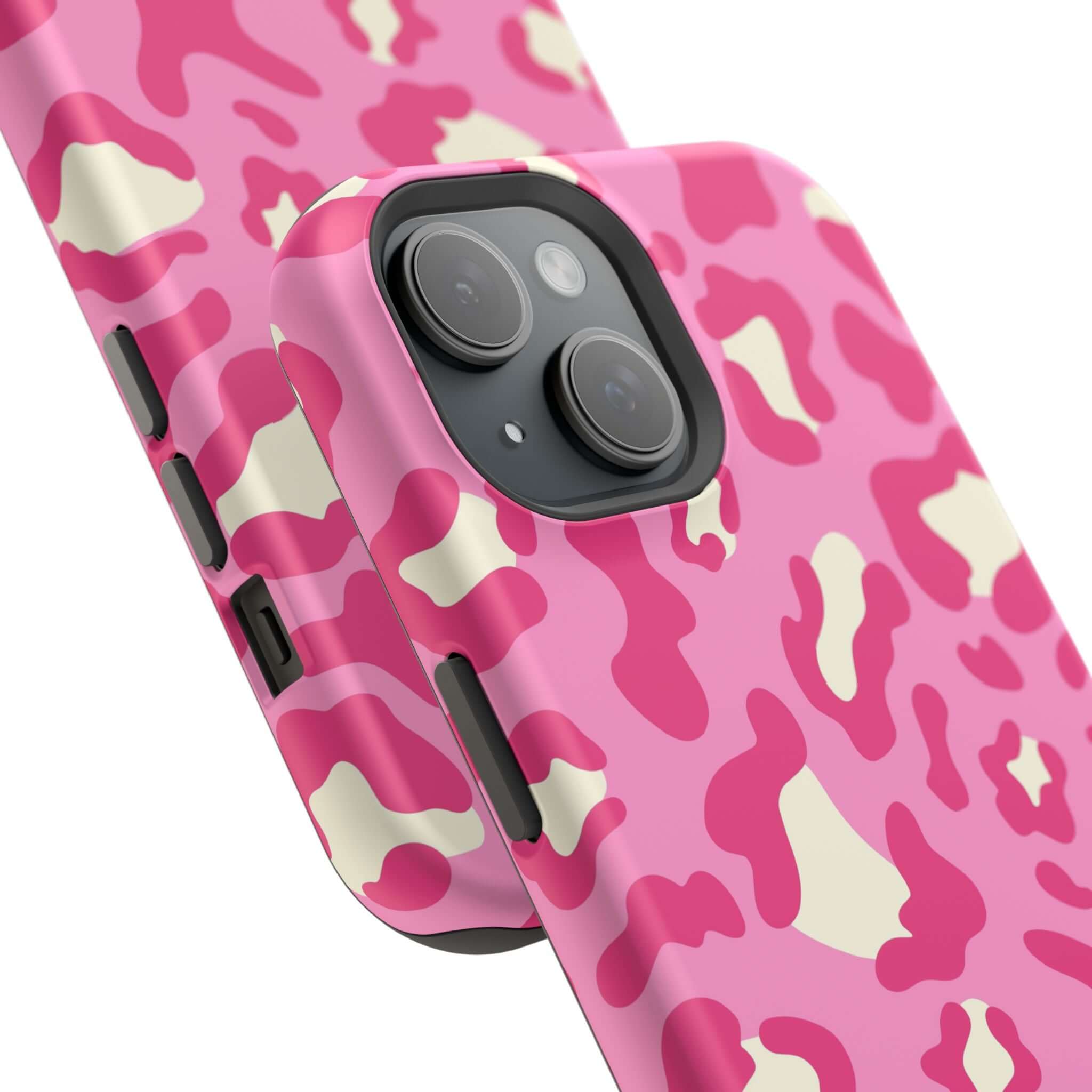 Preppy Cheetah Pink Case for iPhone 14 Pro Max with MagSafe, colorful cheetah print phone case, iPhone with case close-up