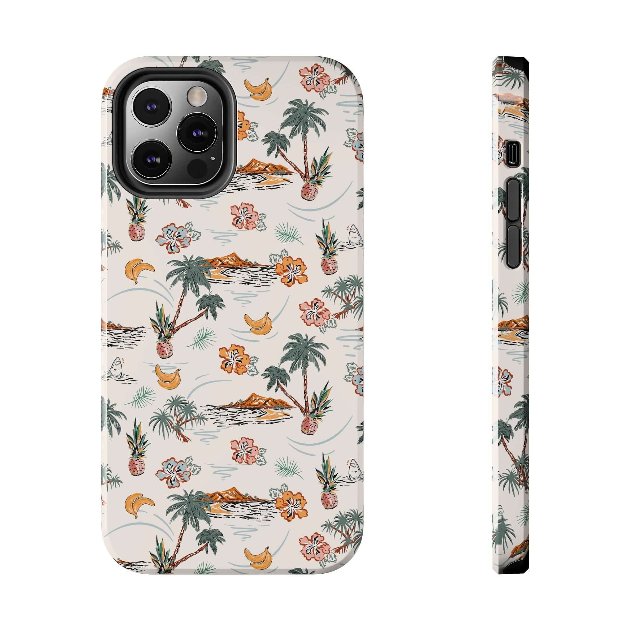 Cute iPhone 14 case with tropical palm tree design, perfect phone cover for beach getaways, free shipping available.