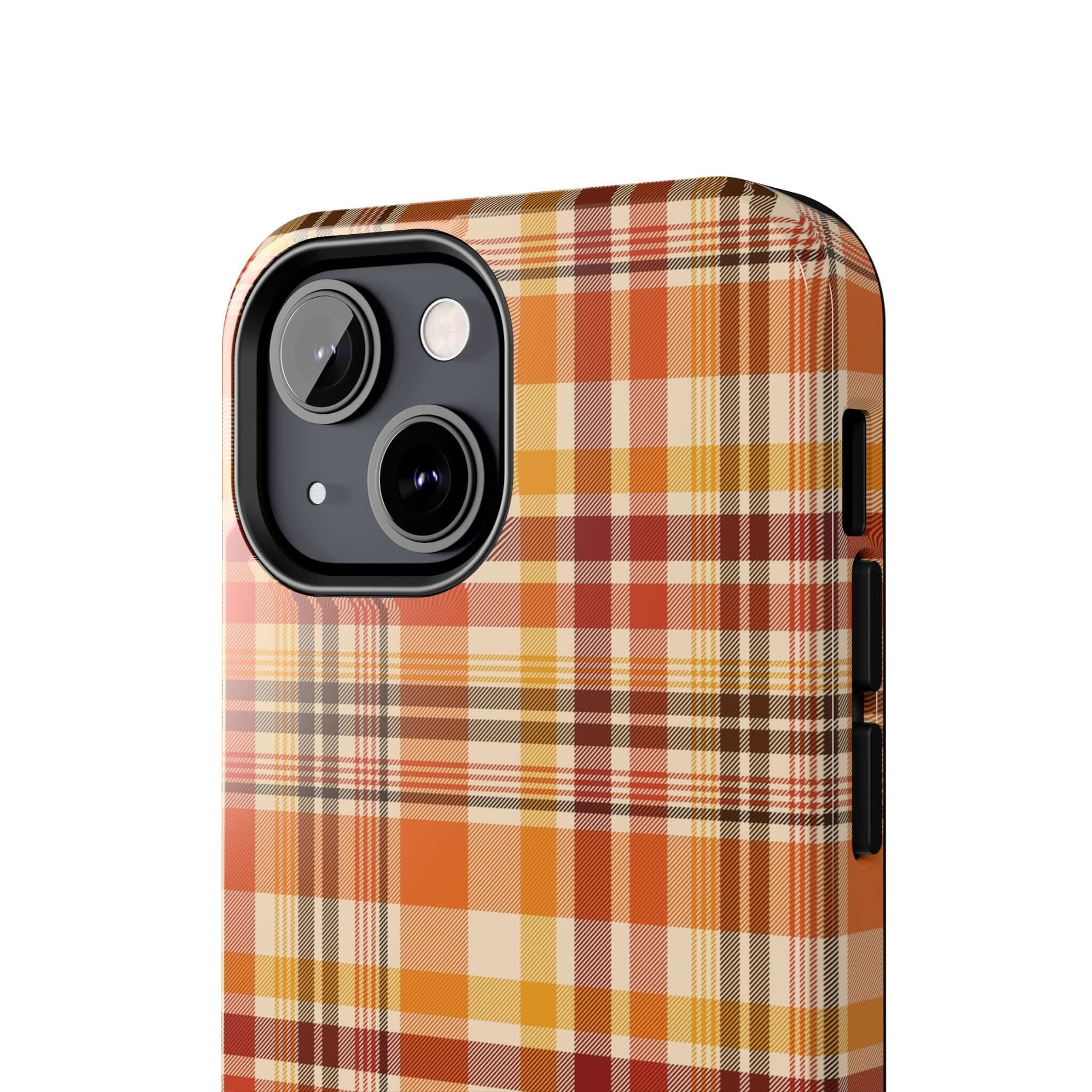 Fall plaid phone case with autumn colors for iPhone, perfect Halloween phone case, cute and stylish fall iPhone case for seasonal flair