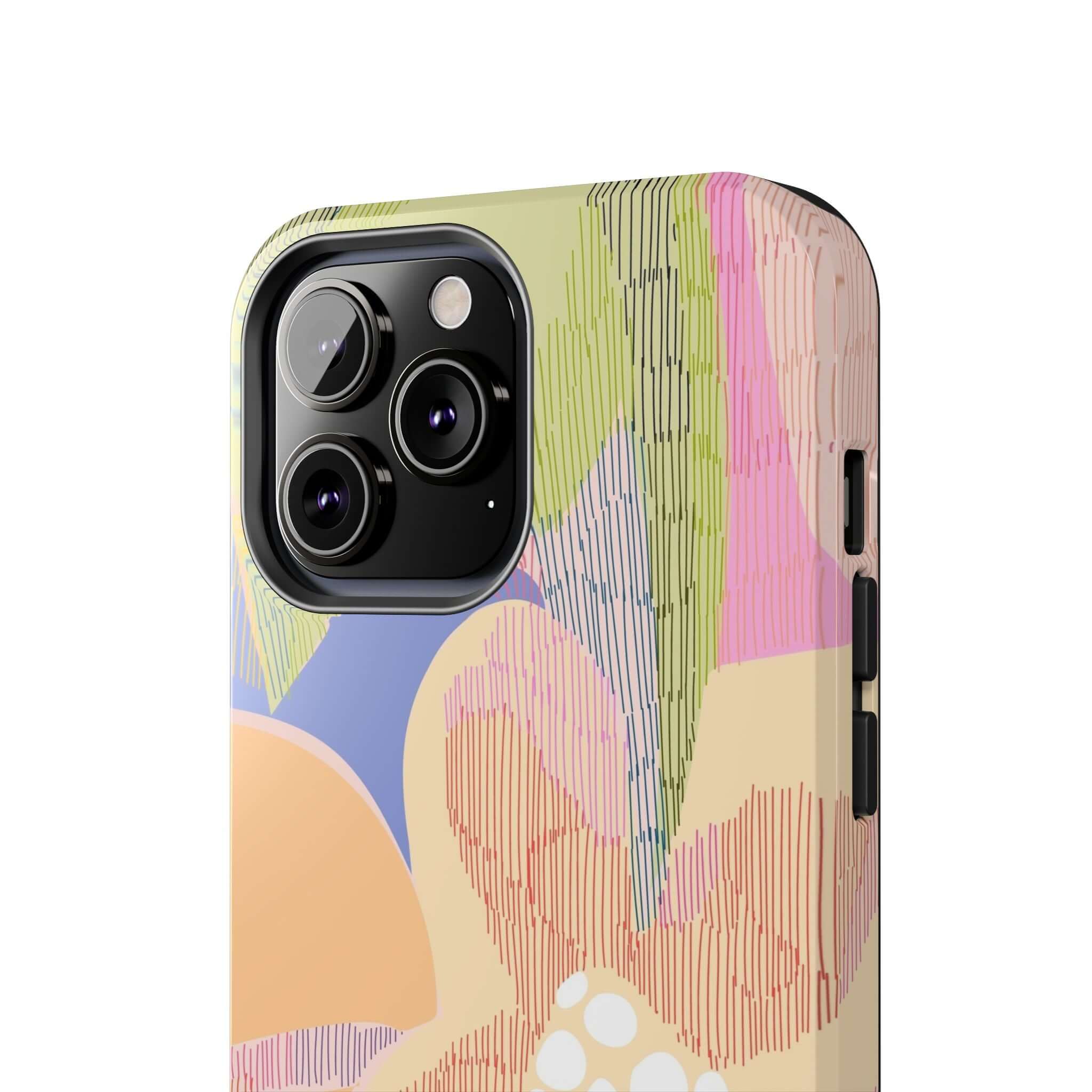 Colorful abstract floral iPhone case with palm tree design for iPhone 14 Pro Max, protecting phone in vibrant, cute style