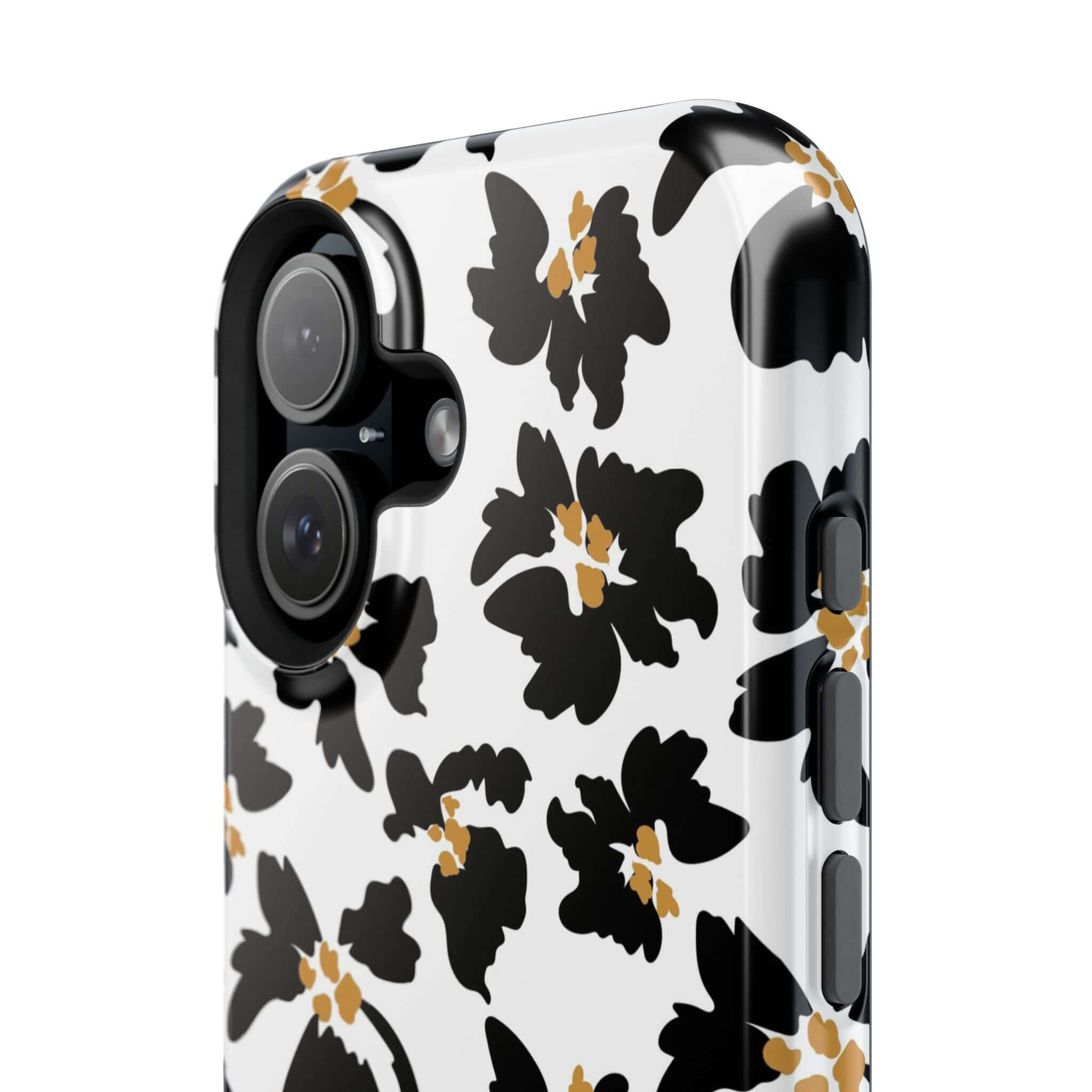 Modern Noir Flora Black Floral Case for iPhone with Stylish and Cute Design, featuring Animal Print and MagSafe Compatibility.