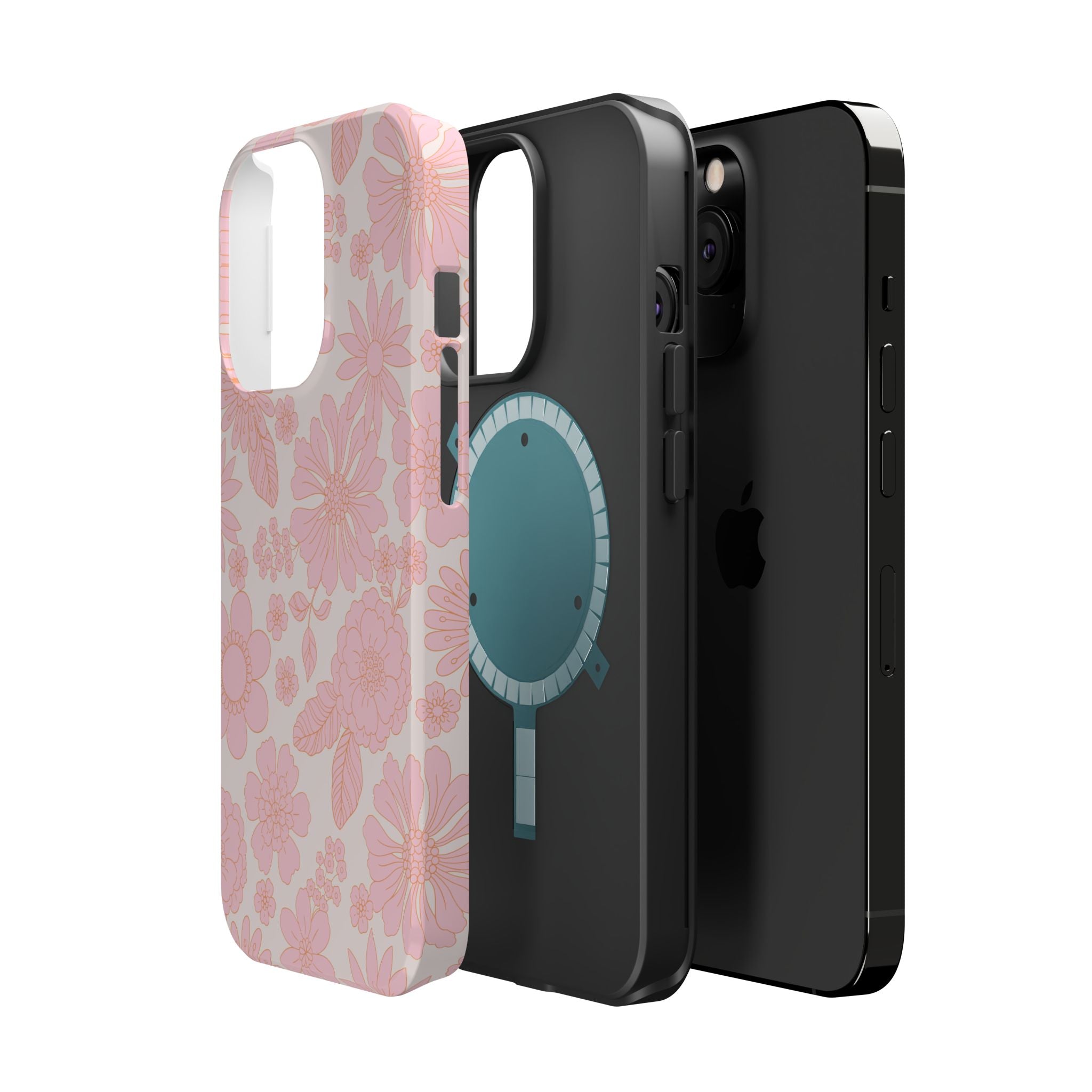 Pink floral phone case for iPhone 16 with MagSafe feature, showcasing a charming cottagecore design for a cute and protective cover.