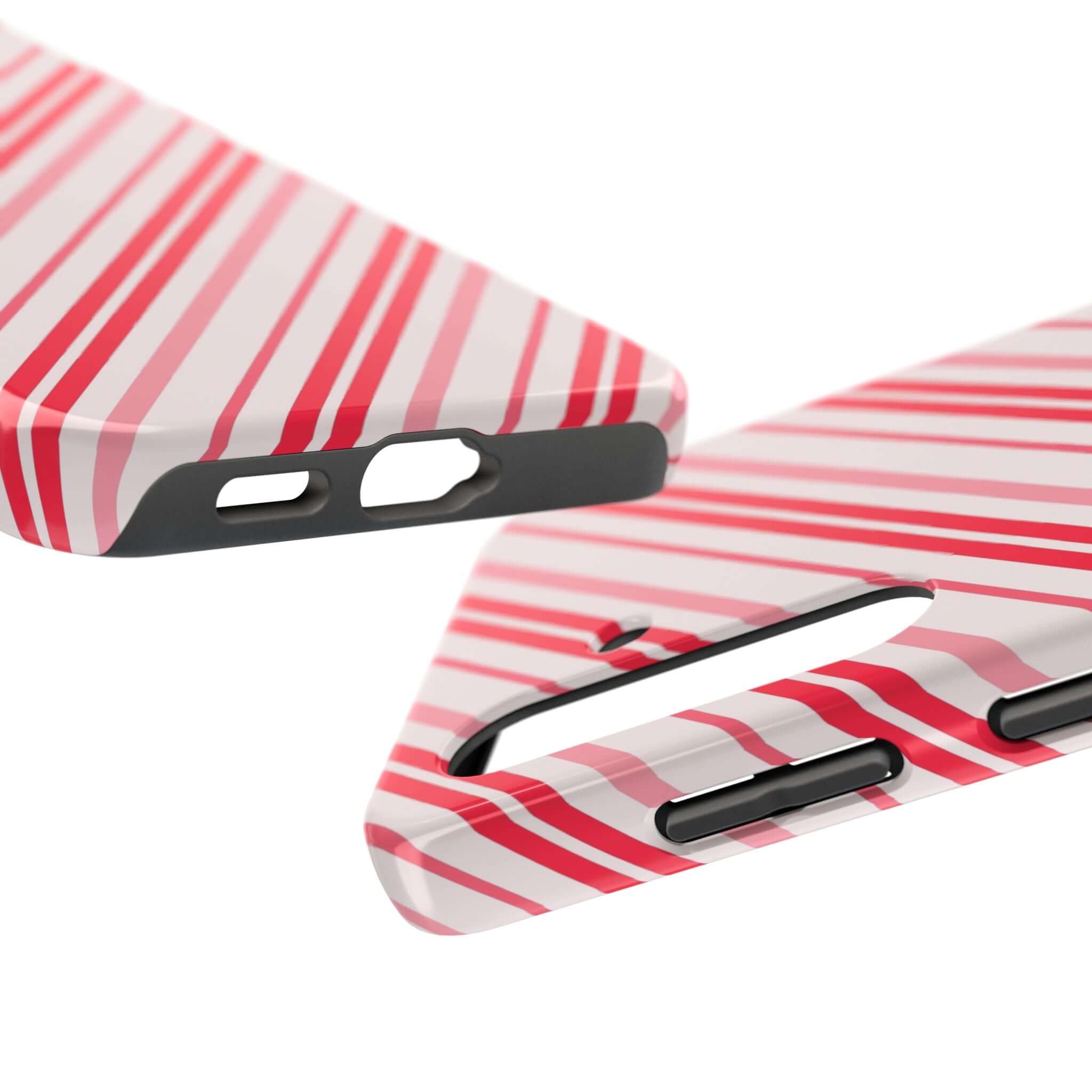 Red and white striped holiday iPhone case with candy cane design, perfect for a cute custom phone case gift.