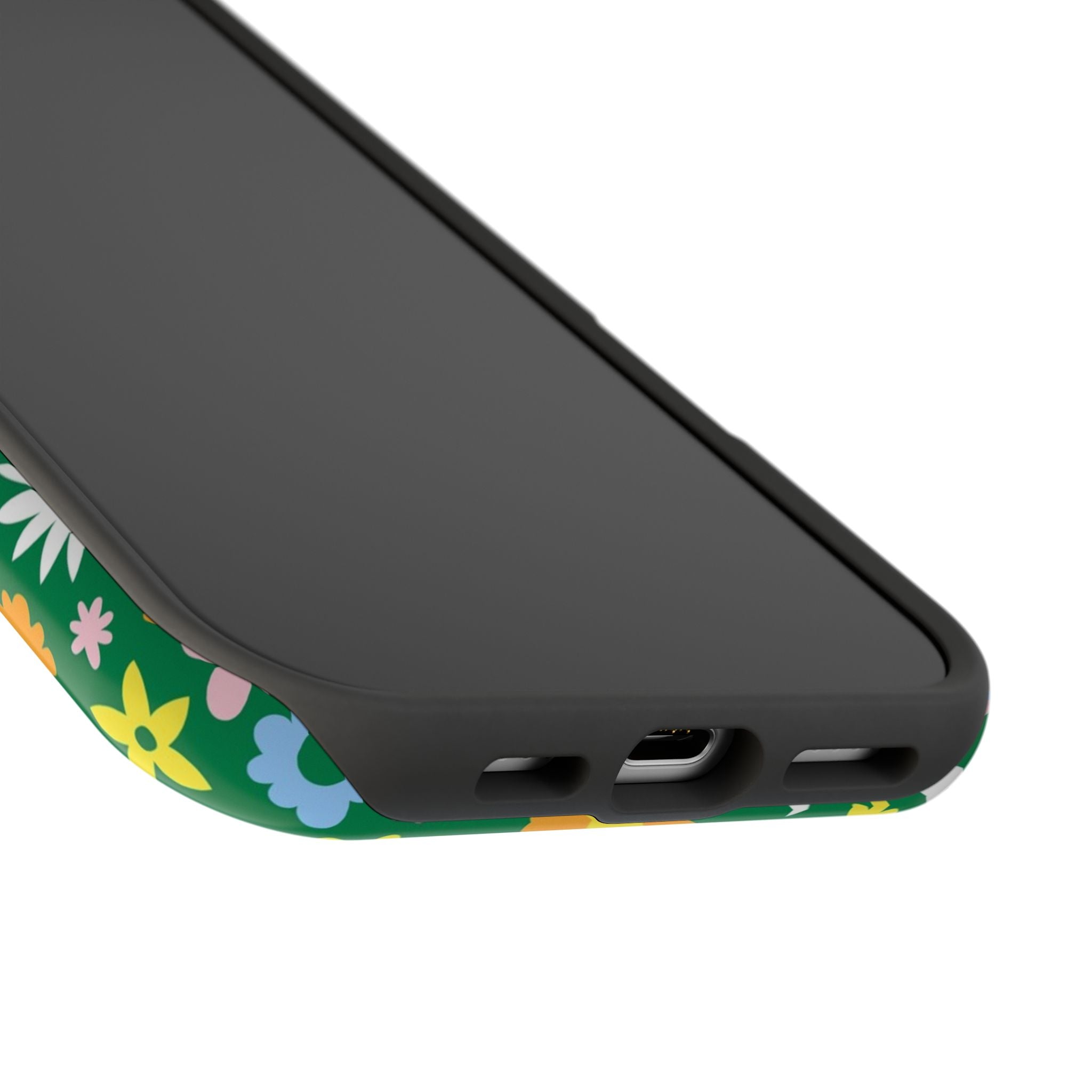 Vibrant Chasing Blooms MagSafe iPhone case with hippie floral design and colorful accents, perfect for a cute and quirky phone cover.