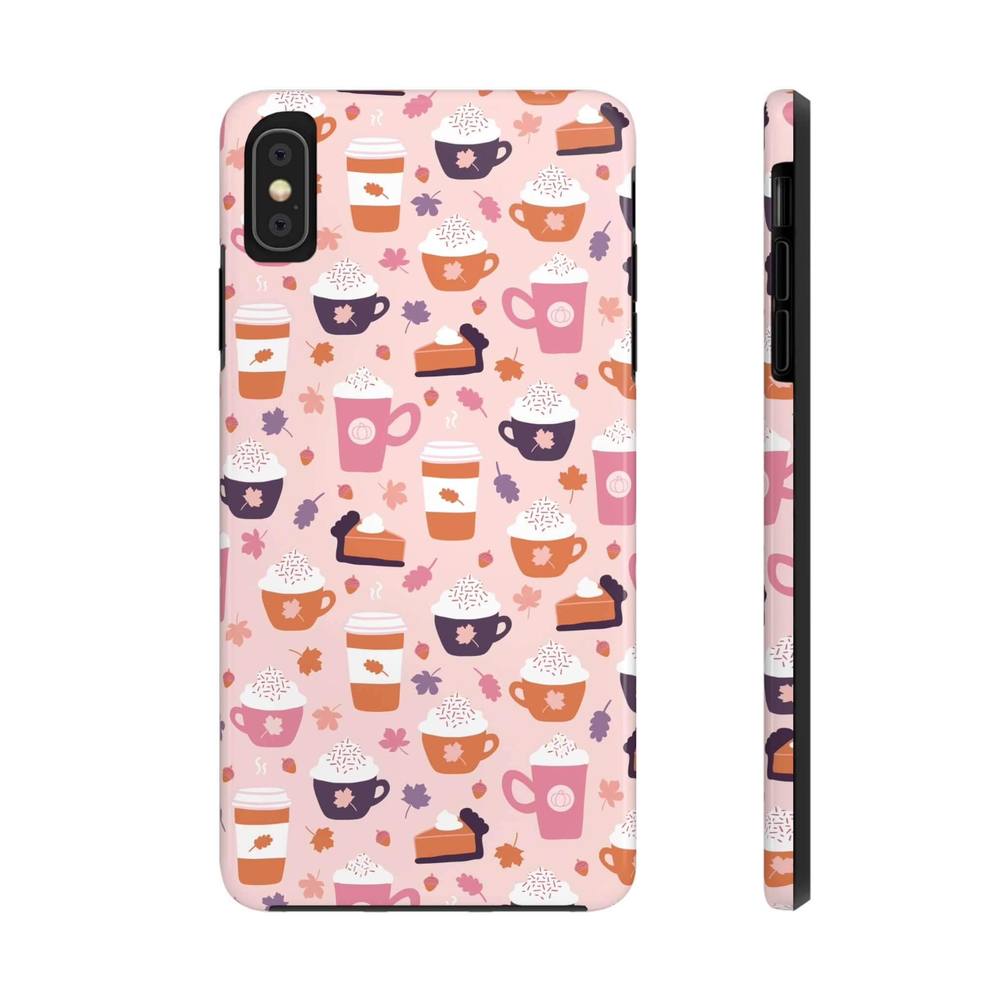 Cute fall-themed iPhone case with PSL Vibes design featuring pumpkin spice drinks and autumn elements, perfect for iPhone 15.