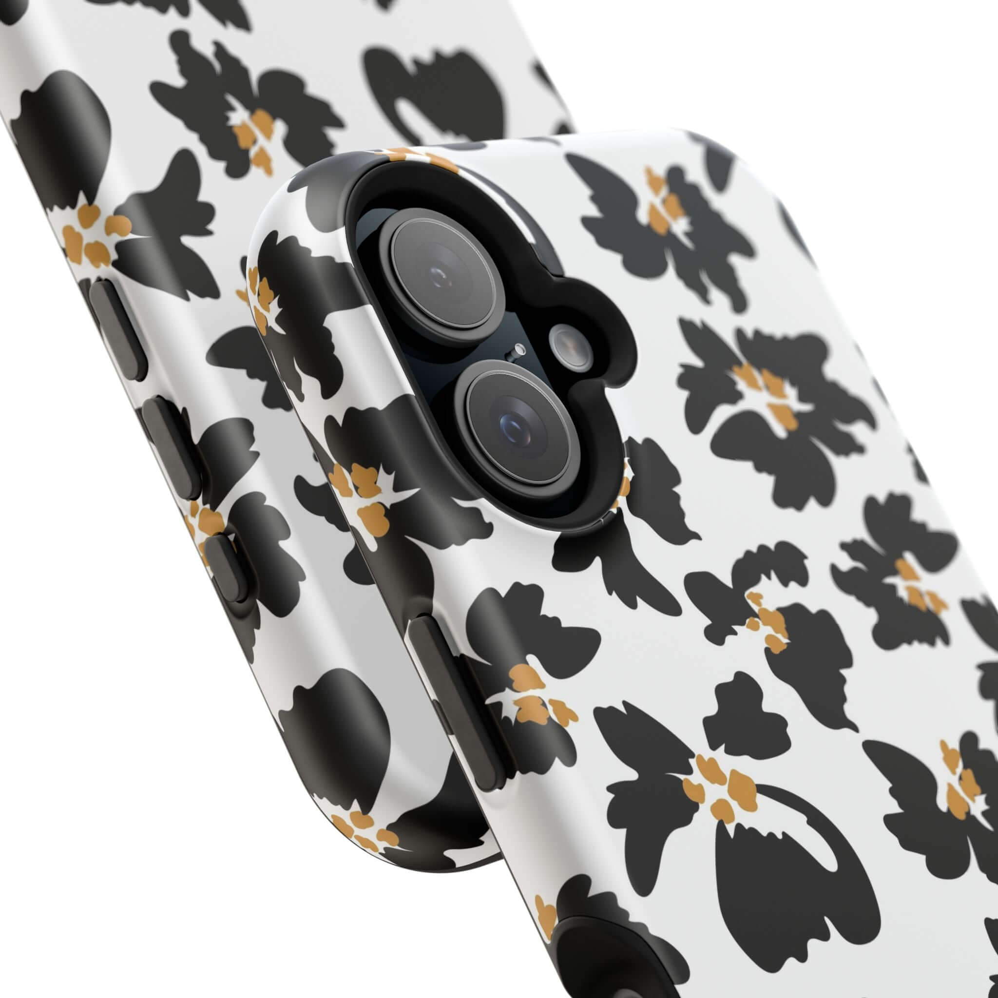 Modern phone case with black floral and animal print design for iPhone, featuring a MagSafe-compatible cute protective cover.