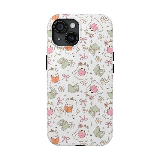 Whimsical Ghosts Coquette Phone Case for iPhone 15 featuring cute ghost and book designs in pink and green, perfect for Halloween.