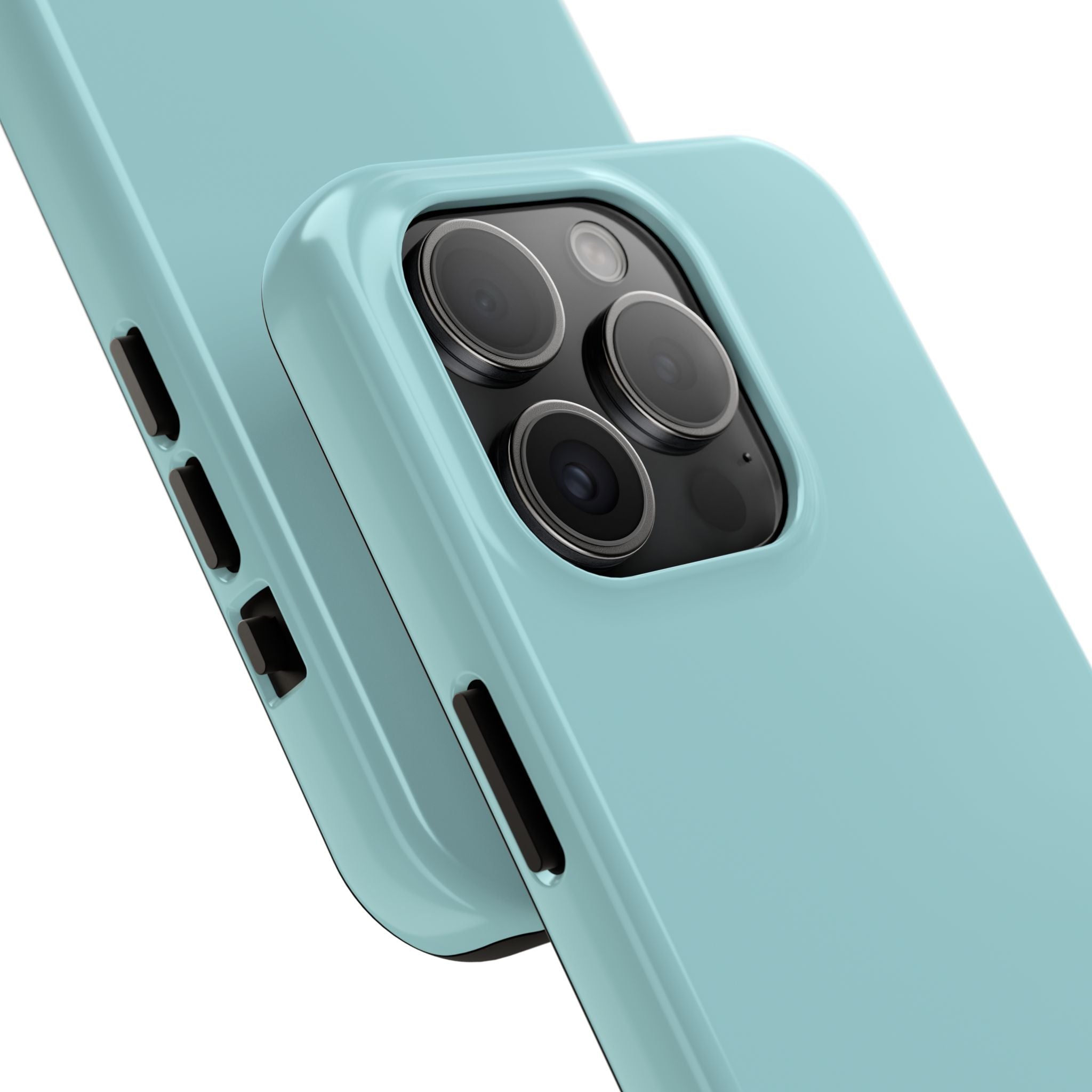 Minty Green solid teal phone case for iPhone 16, showcasing its cute design and protective features.