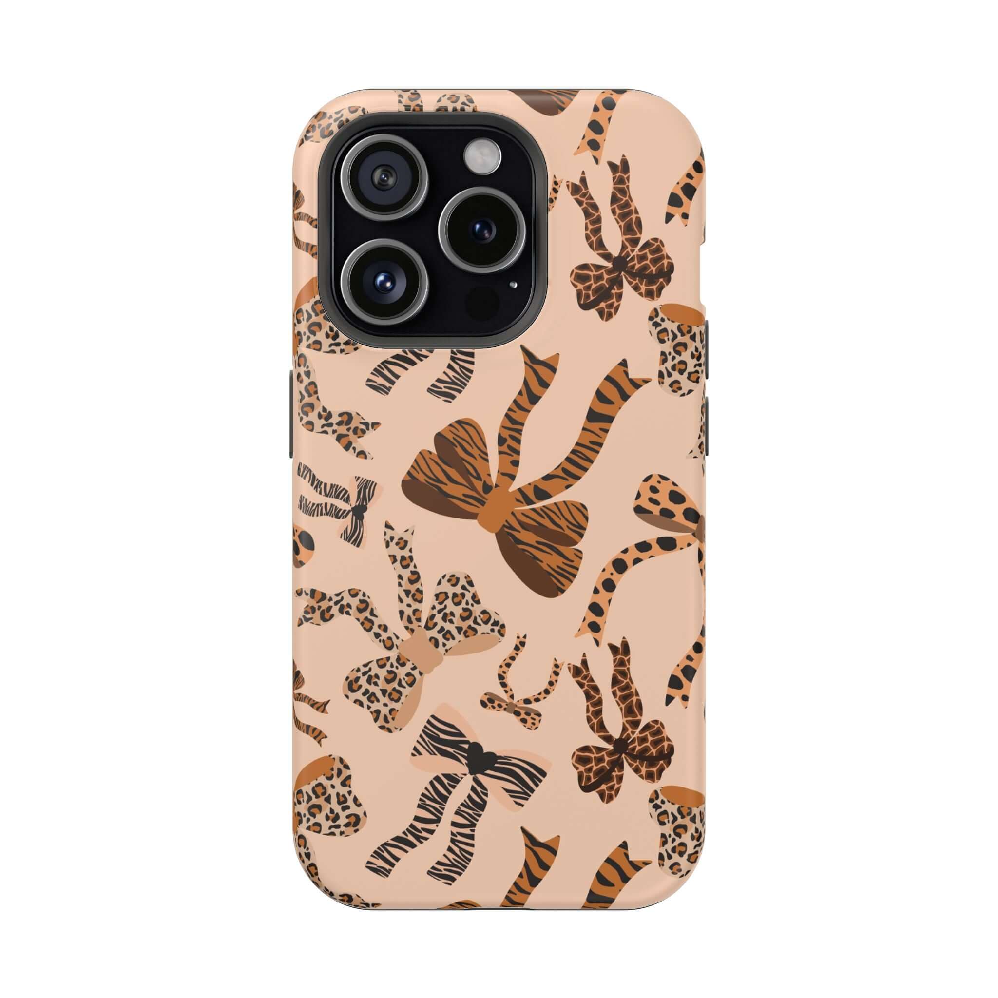 Colorful iPhone case with leopard bow design, Safari Coquette, cute and abstract MagSafe accessory for a playful phone look.