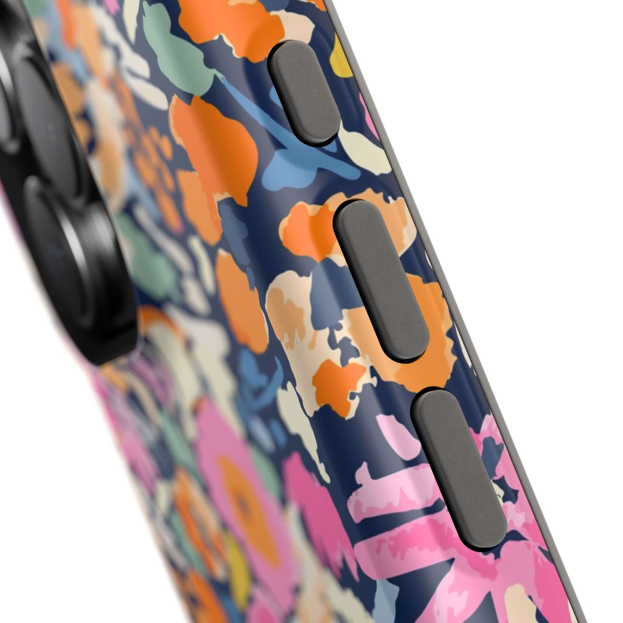 Close-up of colorful floral Botanic Burst MagSafe iPhone case showing side buttons, adding a whimsical touch to device protection.