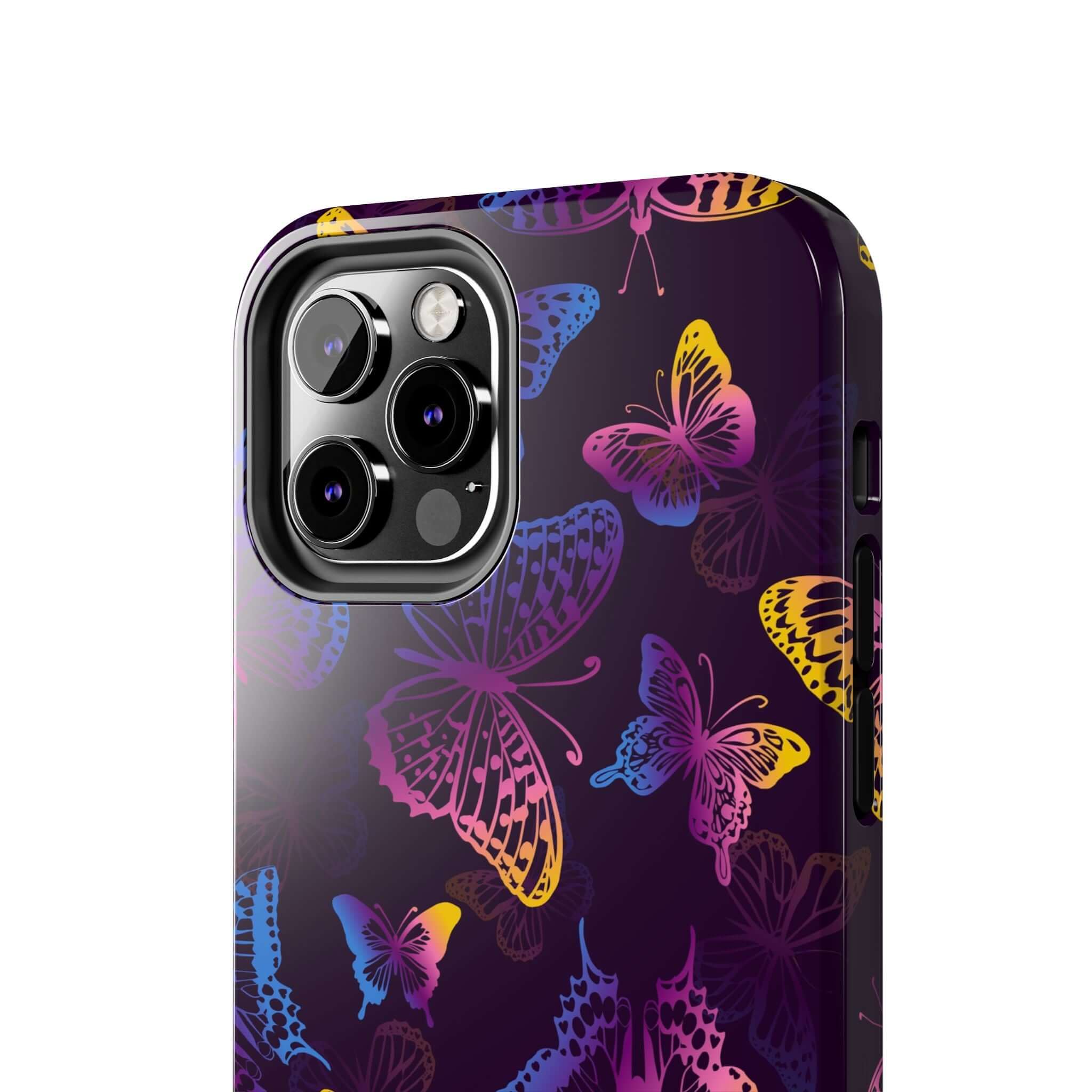 Midnight Flutter black MagSafe iPhone Case with colorful butterfly design, cute phone cover, floral iPhone case for butterfly lovers.